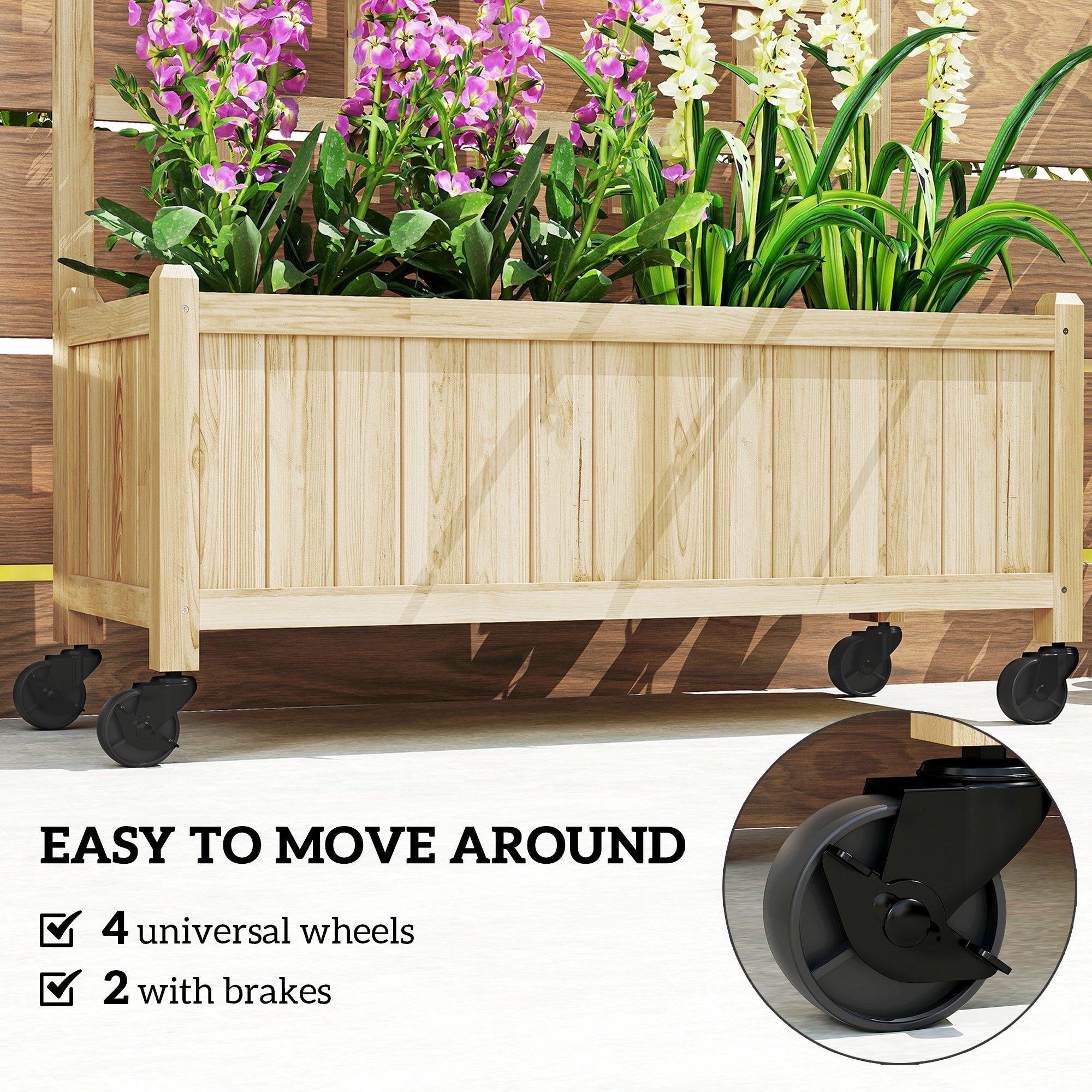 Outsunny Wooden Trellis Planter, Raised Garden Bed with Wheels and Bed Liner, to Climb and Grow Vegetables, Herbs and Flowers
