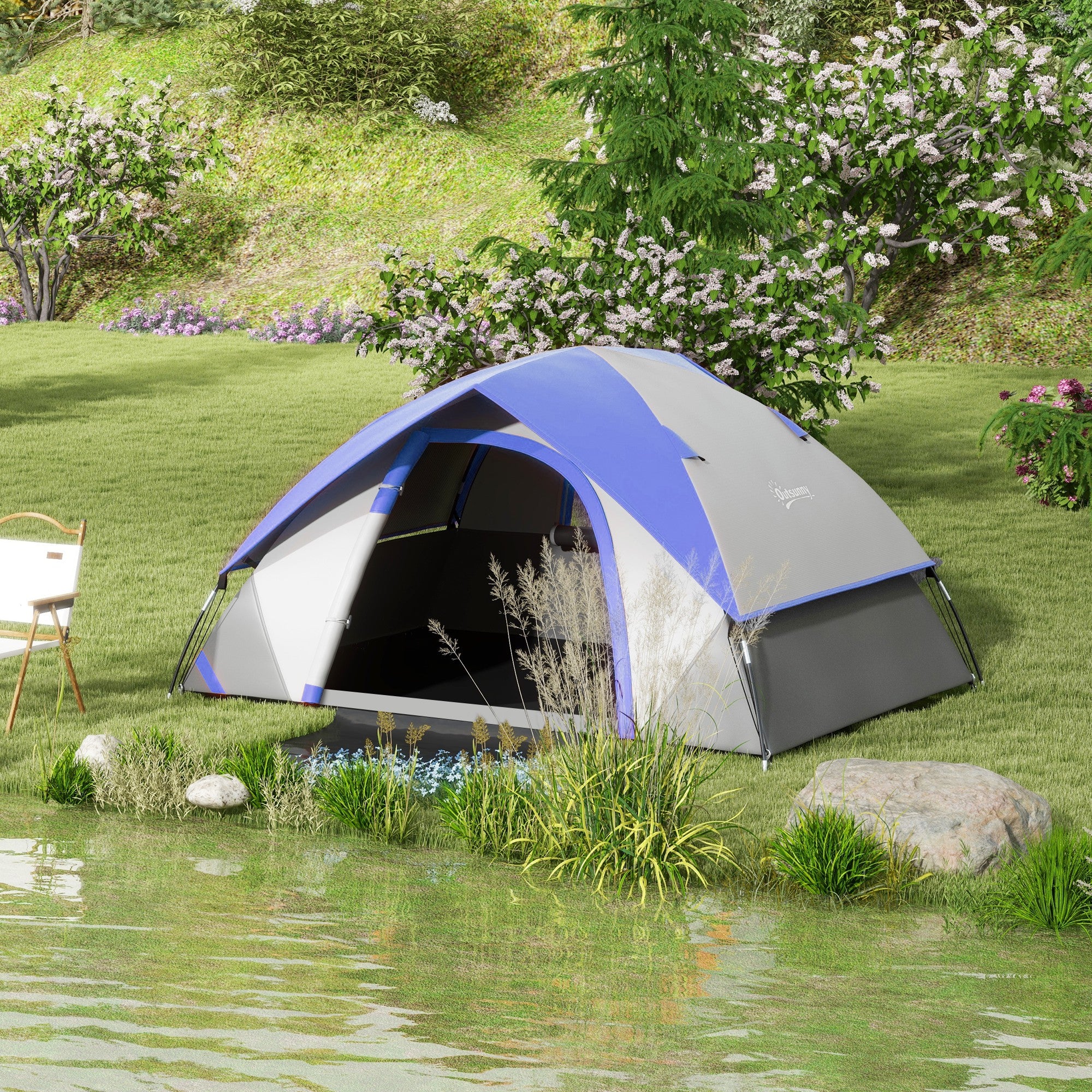 Outsunny Two Man Single Room Dome Tent, with Accessories - Dark Blue/Grey - North Peak Garden Furniture