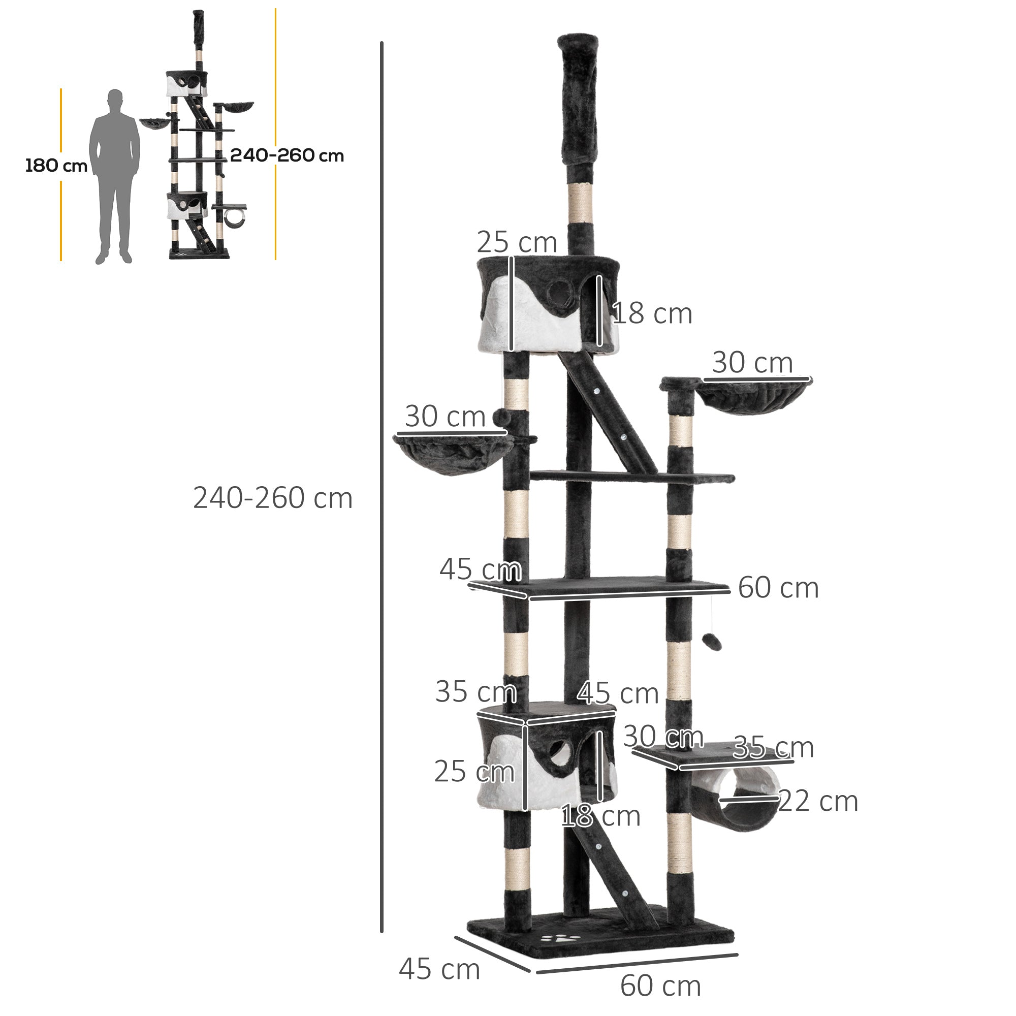 PawHut Floor-to-Ceiling Cat Tree for Indoor Cats, 240-260cm Adjustable Cat Tree - Dark grey