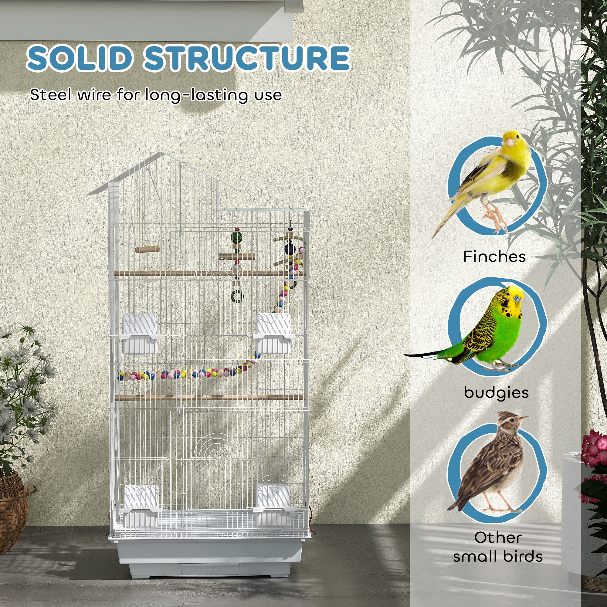 PawHut Bird Cage for Budgies, Finches, Canaries w/ Accessories, Toys, Tray, White