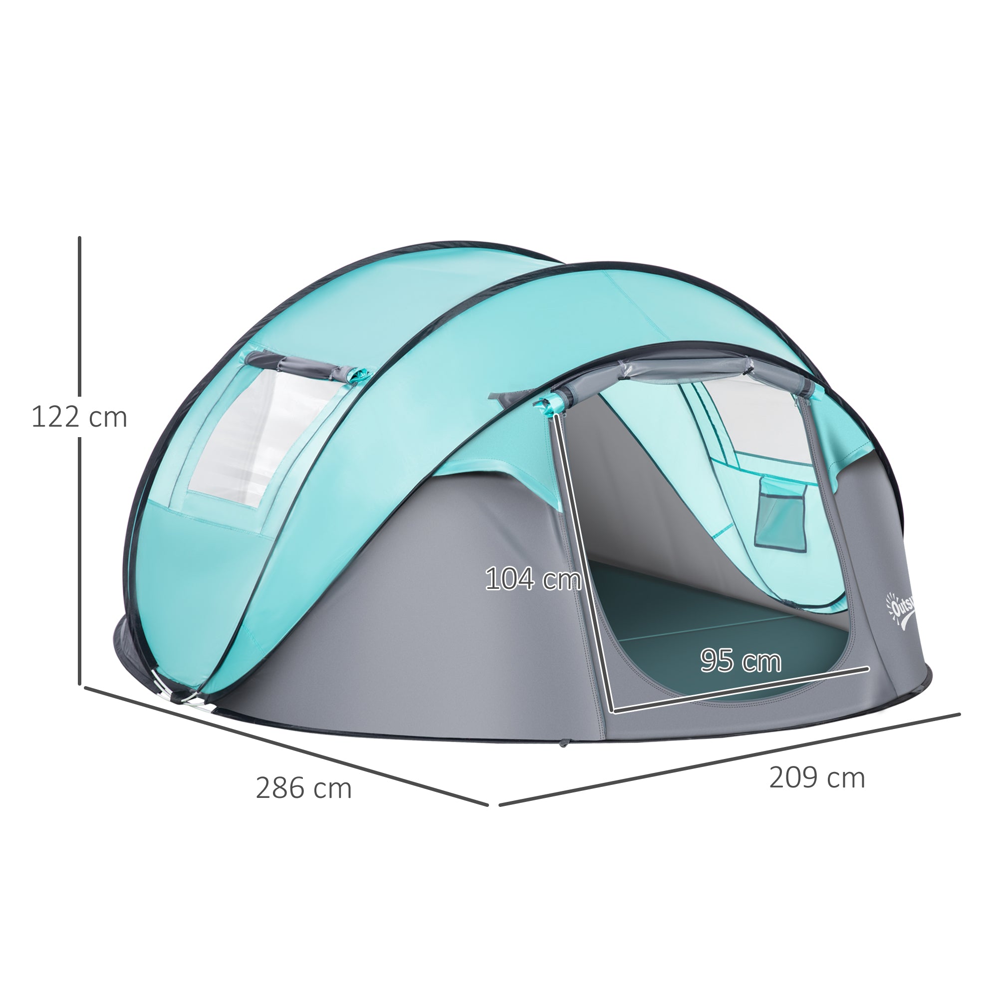 Outsunny 4 Person Pop Up Camping Tent with Vestibule Weatherproof Cover, Instant Backpacking Tent with 2 Windows 2 Doors Portable Carry Bag for Fishing Hiking, Tiffany Blue