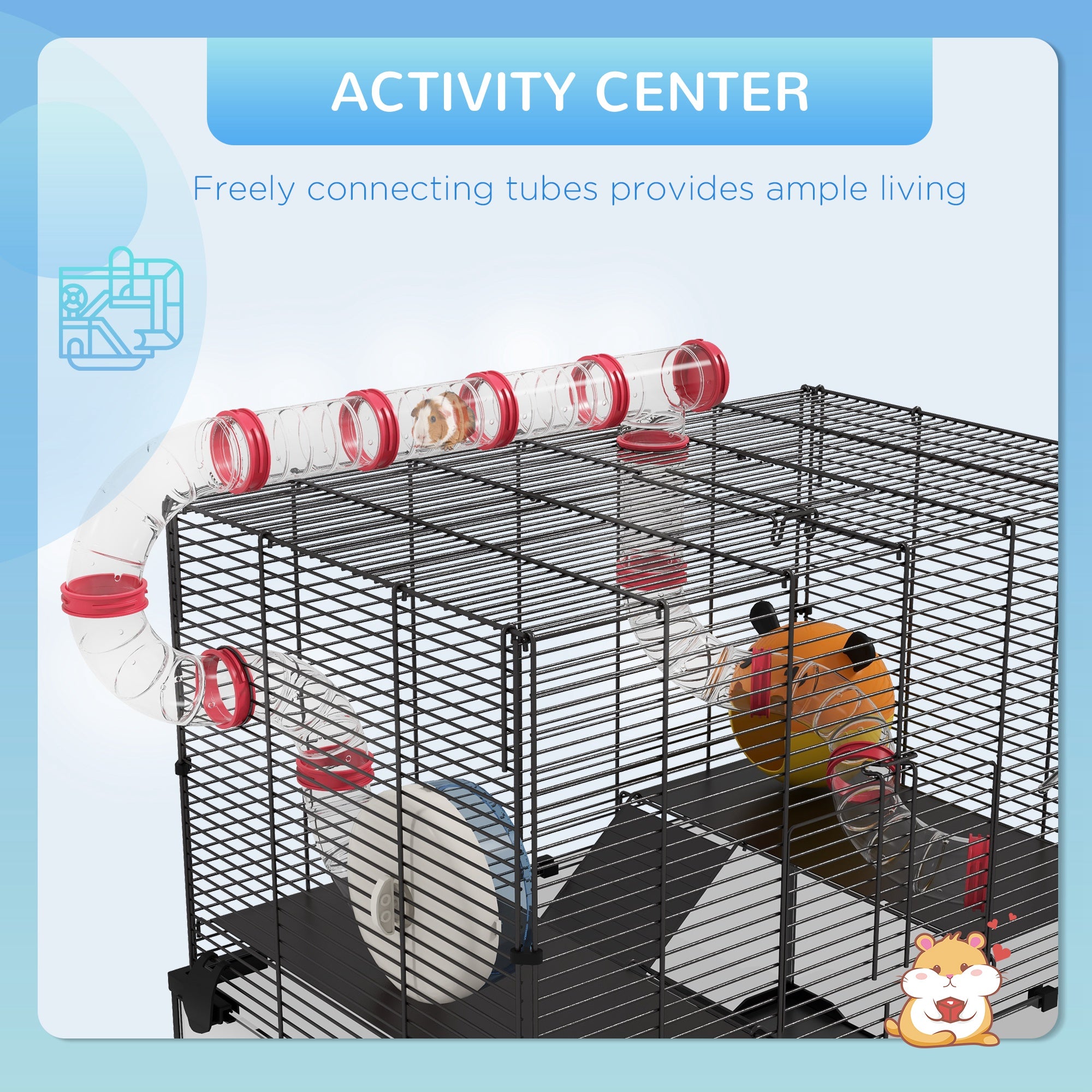 PawHut Gerbil Cage Dwarf Hamster Cage, with Deep Glass Bottom, Tunnels, Hut, Exercise Wheel, 60 x 40 x 57cm - North Peak Garden Furniture