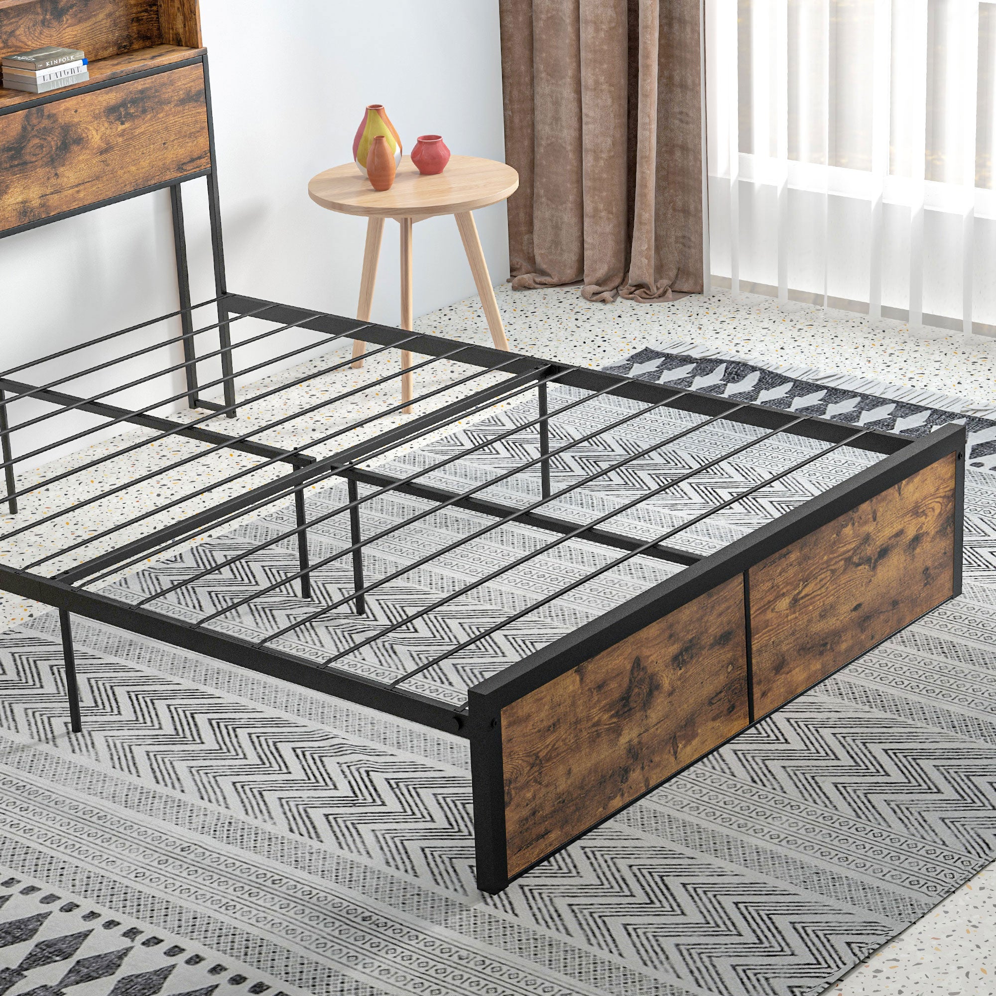 HOMCOM Industrial Double Bed Frame, 4.8FT Steel Bed Base with Storage Headboard, Footboard, Slatted Support and Under Bed Storage, 145 x 209cm, Rustic Brown - North Peak Garden Furniture