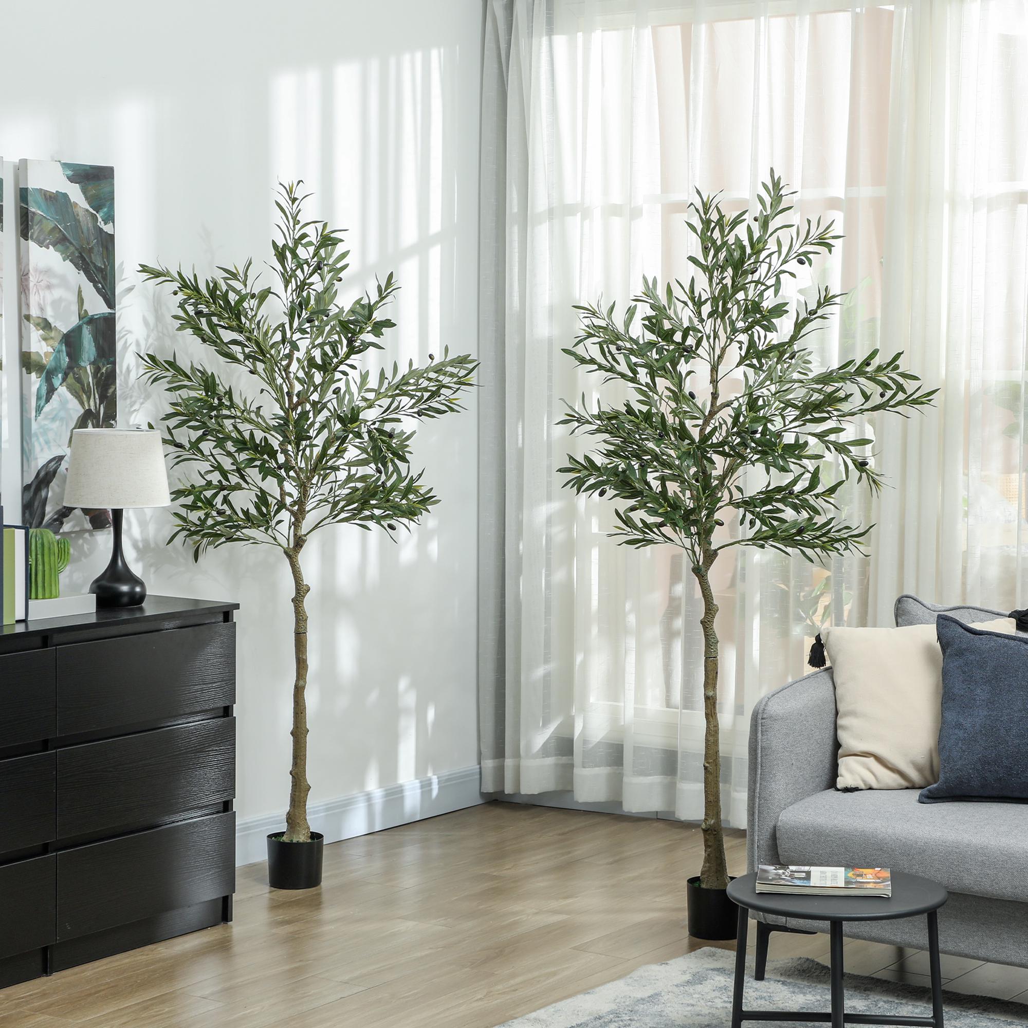 HOMCOM Set of 2 6ft/ 180cm Decorative Artificial Plant, Silk Olive Tree with 900 Leaves and 40 Olive Fruits in Pot, Fake Plant for Home, Office, Living Room, Indoor Decor - North Peak Garden Furniture