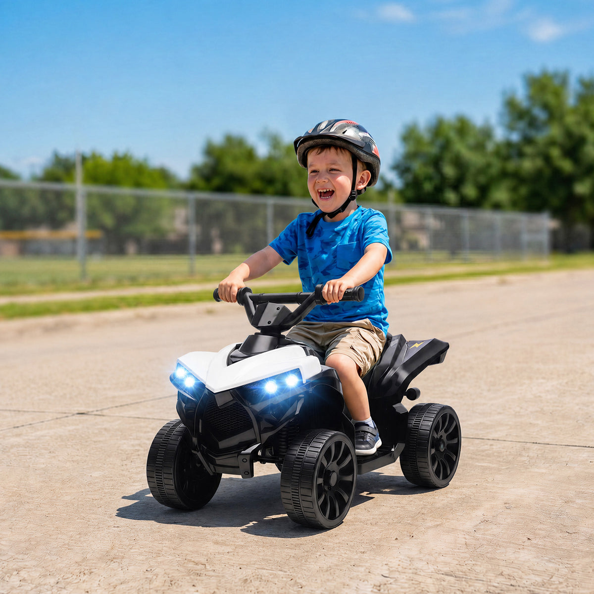 AIYAPLAY 6V Kids ATV, 4 Wheeler Electric Ride on Car with Music and LED Headlights, for Ages 18-56 Months Boys and Girls, White