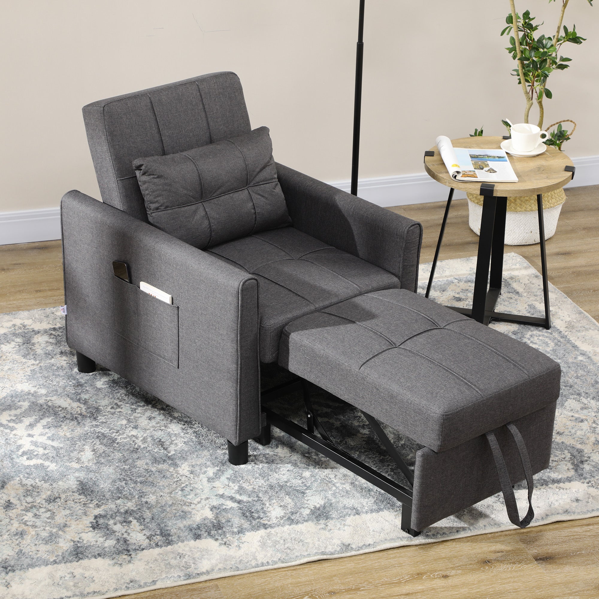 HOMCOM 3-In-1 Convertible Chair Bed, Pull Out Sleeper Chair with Adjustable Backrest, Side Pockets, Grey - North Peak Garden Furniture