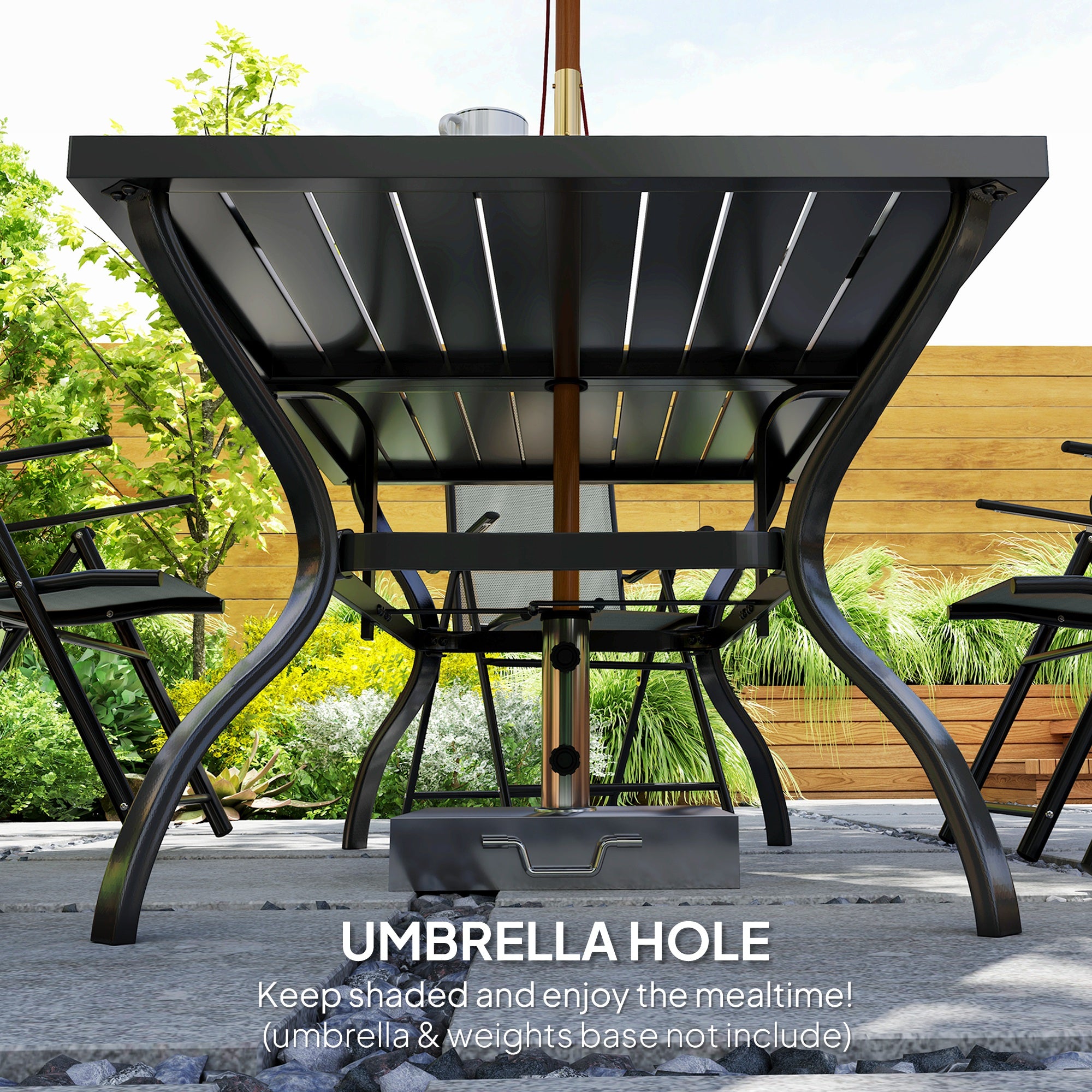 Outsunny Seven-Piece Steel Outdoor Dining Set, with Parasol Hole - Grey - North Peak Garden Furniture
