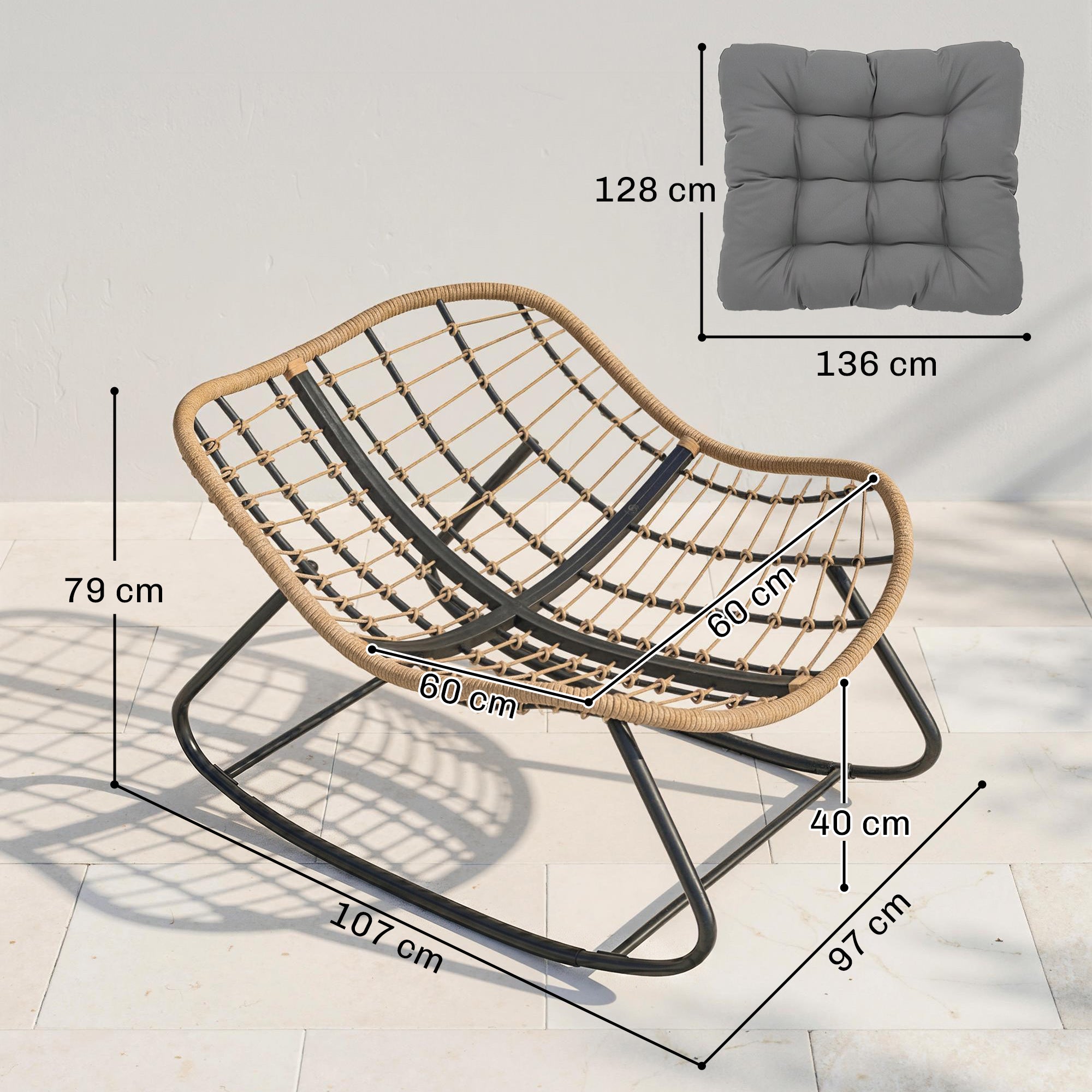 Outsunny Indoor Outdoor Rocking Chair, Oversized Rocking Egg Chair with Cushion for Living Room, Garden, Patio, Grey