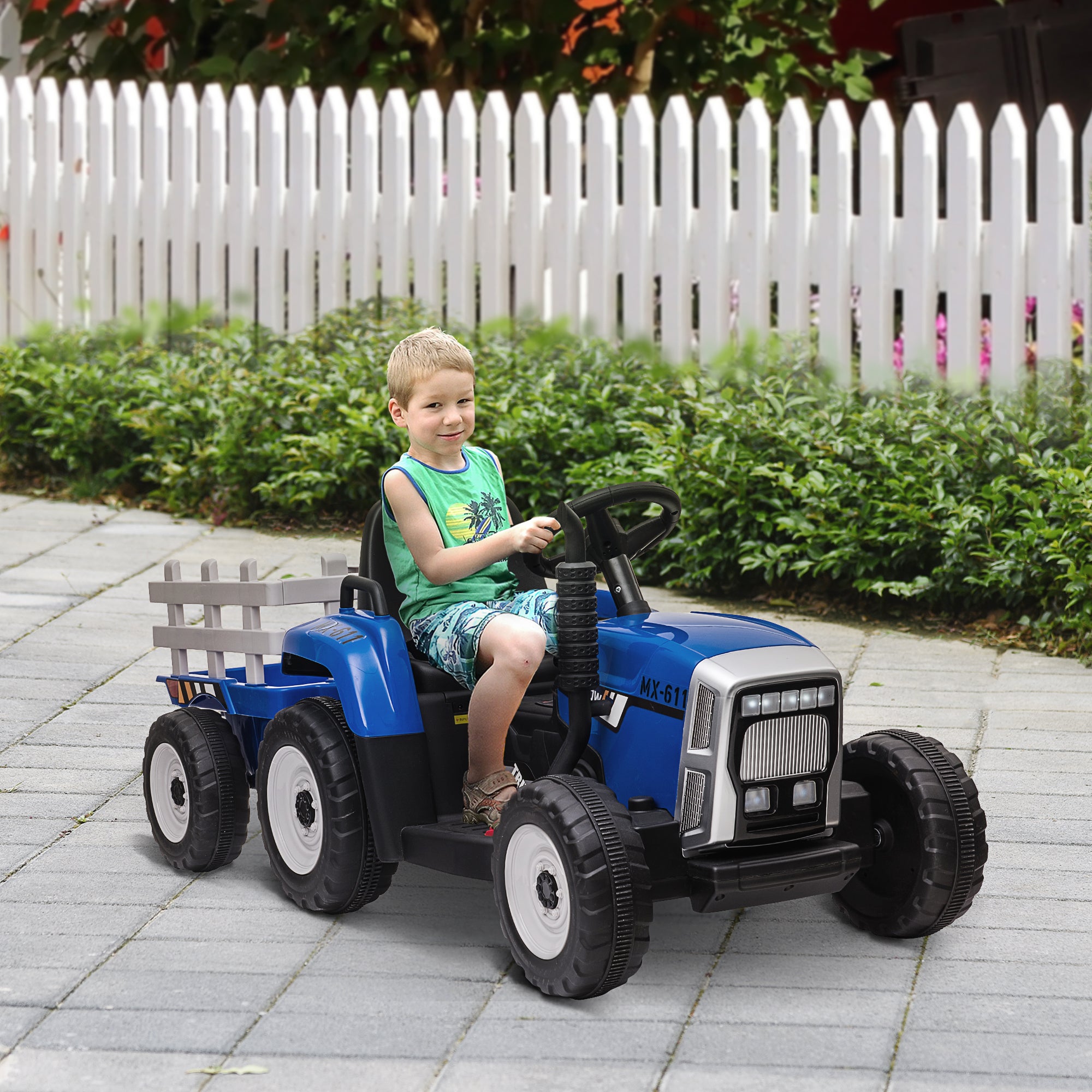 HOMCOM Ride On Tractor, Battery Powered Electric Car, with Detachable Trailer, Remote Control, Music - Blue - North Peak Garden Furniture
