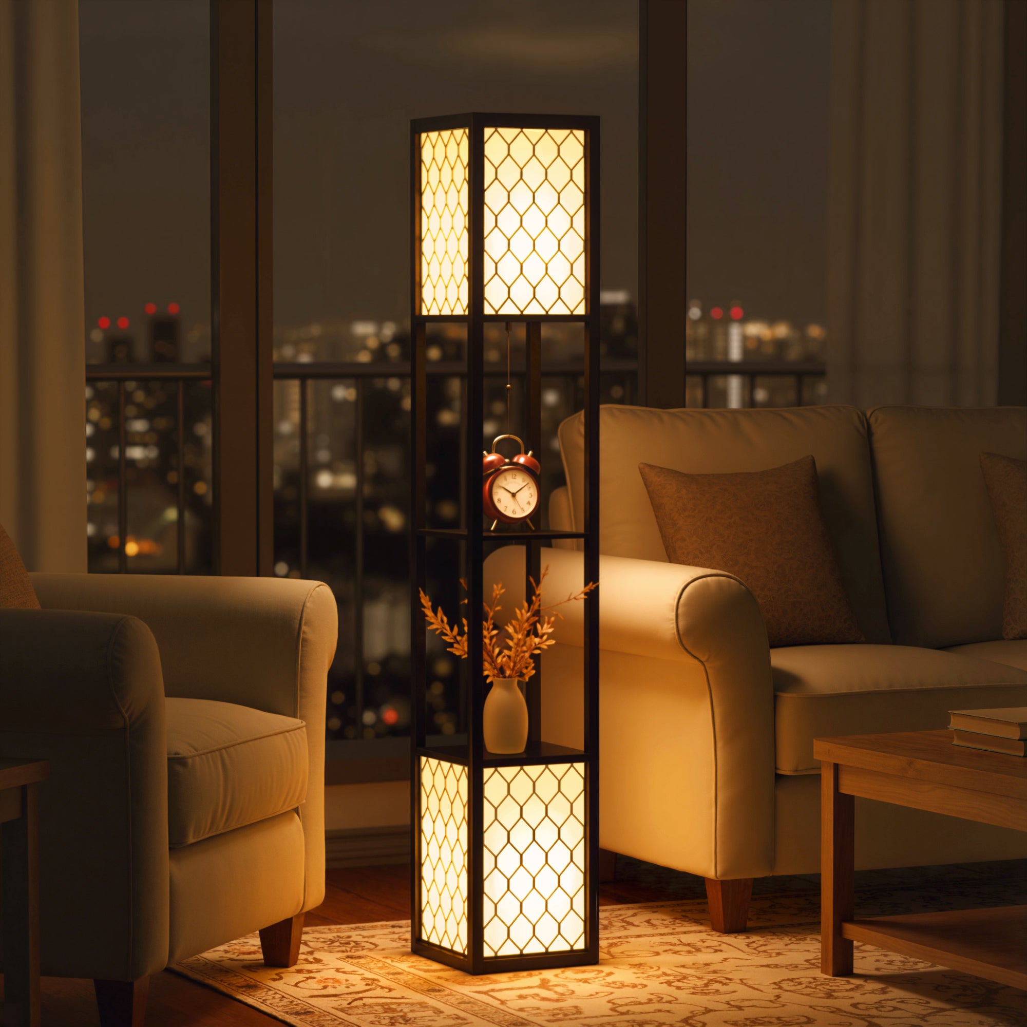 HOMCOM Floor Lamp with Shelves, Dual Light, Modern Tall Standing Lamps for Living Room, Bedroom, with Pull Chain Switch Bulb not Included, Black
