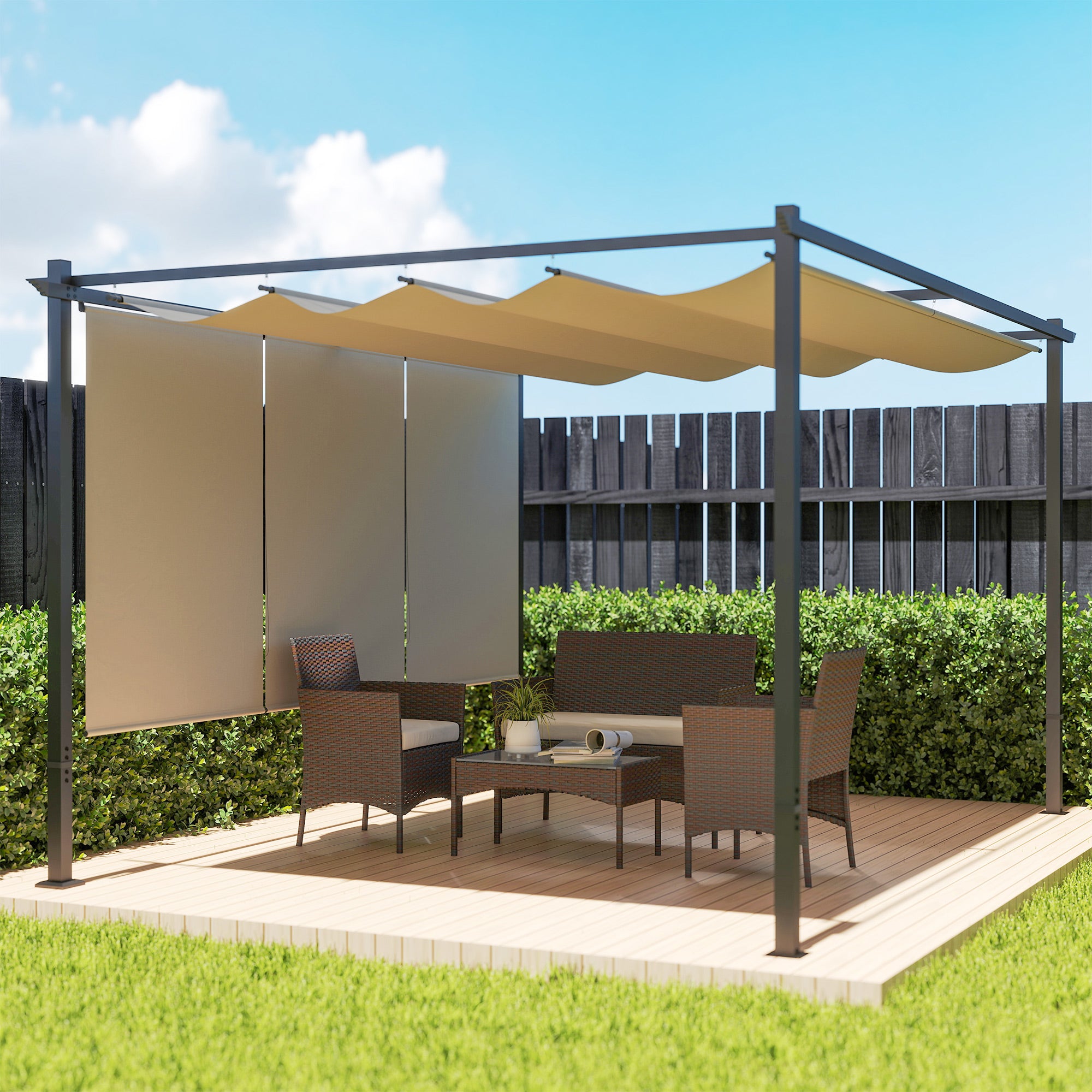 Outsunny 3 x 4m Metal Pergola with Retractable Roof and Roller Shade, Wall-Mounted or Free Standing Garden Gazebo Canopy Pergola Kit, UPF30+ Outdoor Sun Shade Shelter, Beige - North Peak Garden Furniture