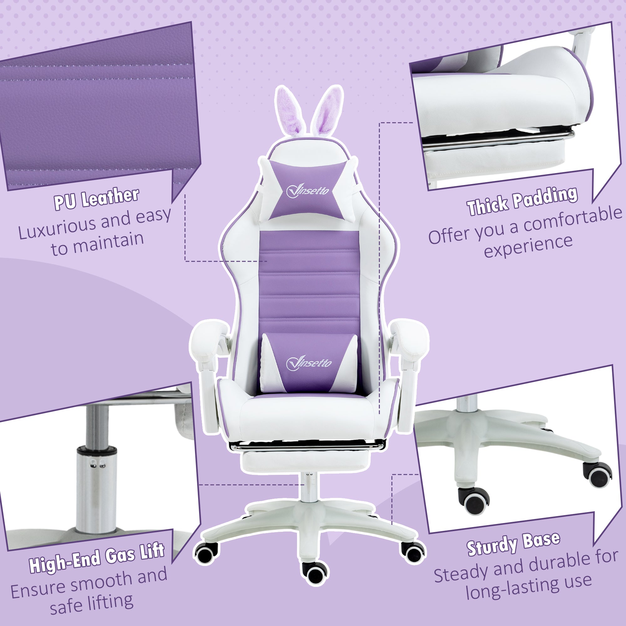 Vinsetto Racing Gaming Chair, Reclining PU Leather Computer Chair with Removable Rabbit Ears, Footrest, Headrest and Lumber Support, Purple - North Peak Garden Furniture