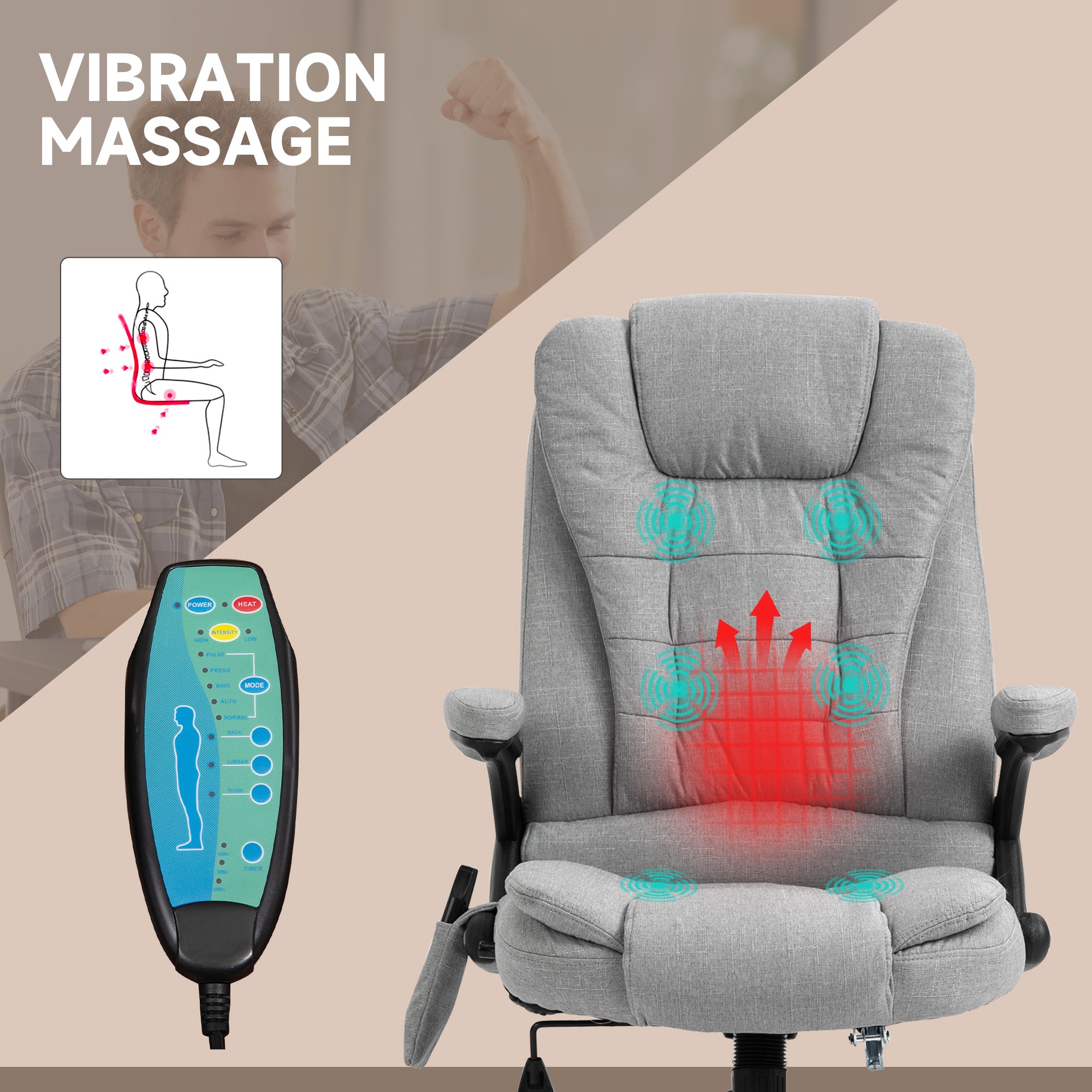 Vinsetto Office Chair, Ergonomic Desk Chair with 6-Point Massage and Back Heated, Linen-Feel Fabric Computer Gaming Chair with Arms, Lumbar Support, Light Grey - North Peak Garden Furniture