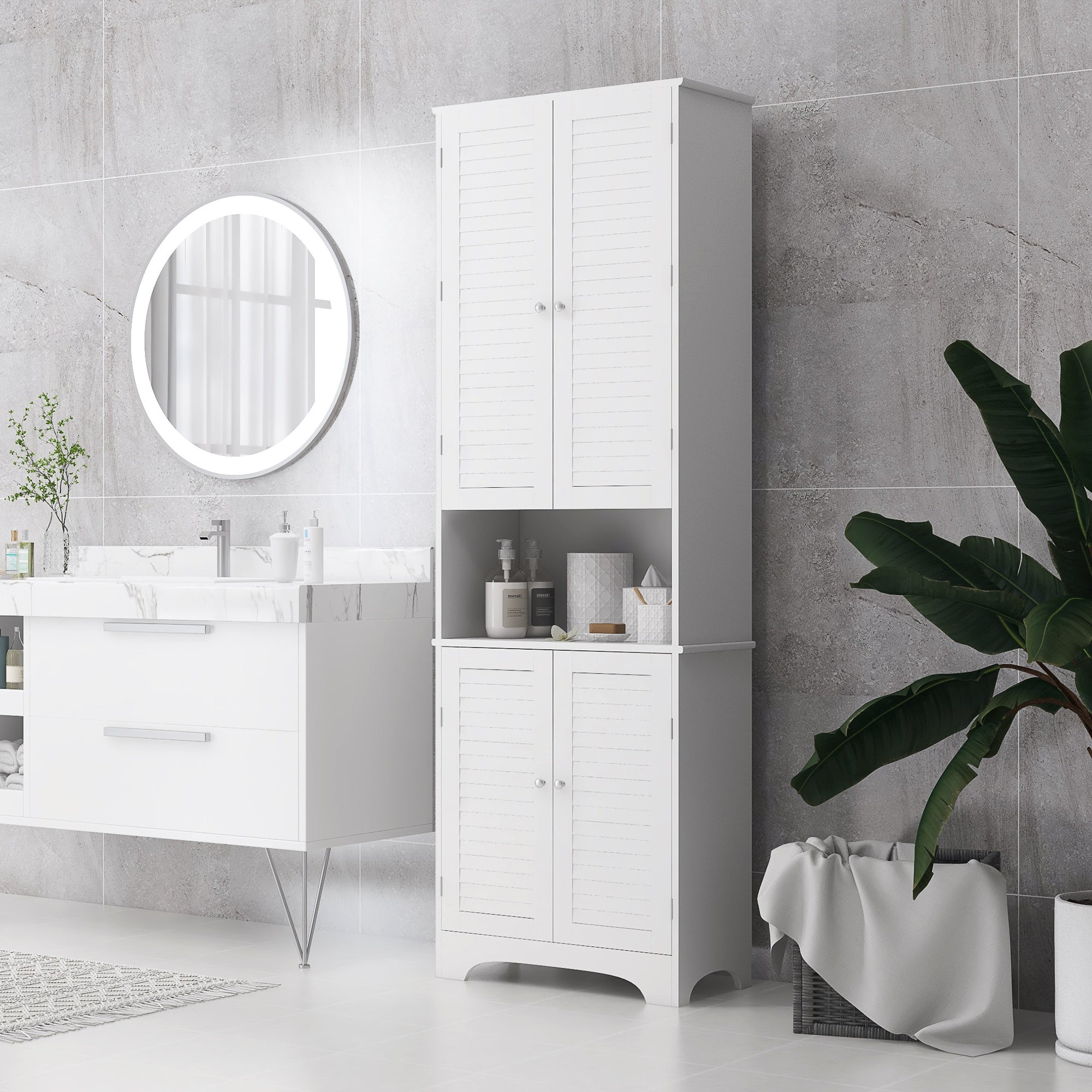 HOMCOM Tall Freestanding Bathroom Cabinet Retro Shutters w/ 3 Compartments Shelves Elevated Base Narrow Organiser White 60L x 30W x 182.5H cm