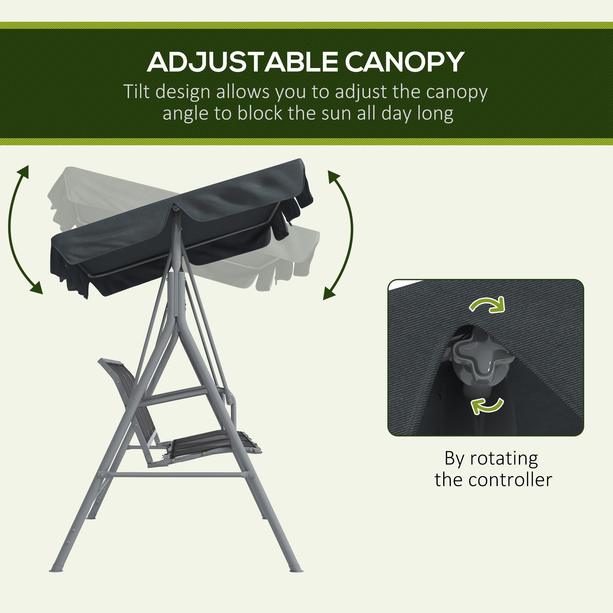 Outsunny 3 Seater Swing Chair, Garden Swing Bench with Adjustable Tilting Canopy, Breathable Mesh Seat and Heavy Duty Metal Frame for Patio, Garden, Dark Grey