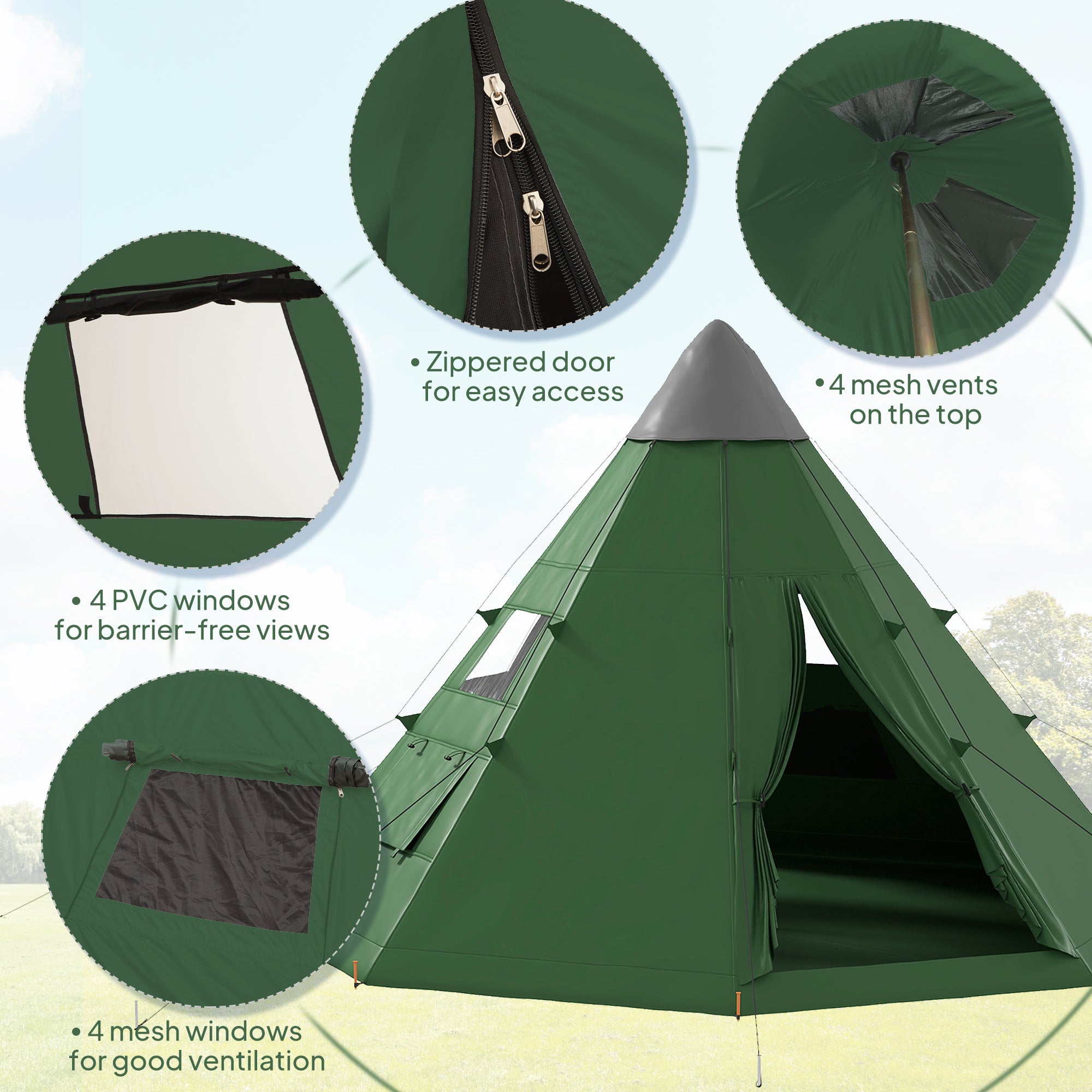 Outsunny 6 Men Tipi Tent with Carry Bag - Green - North Peak Garden Furniture