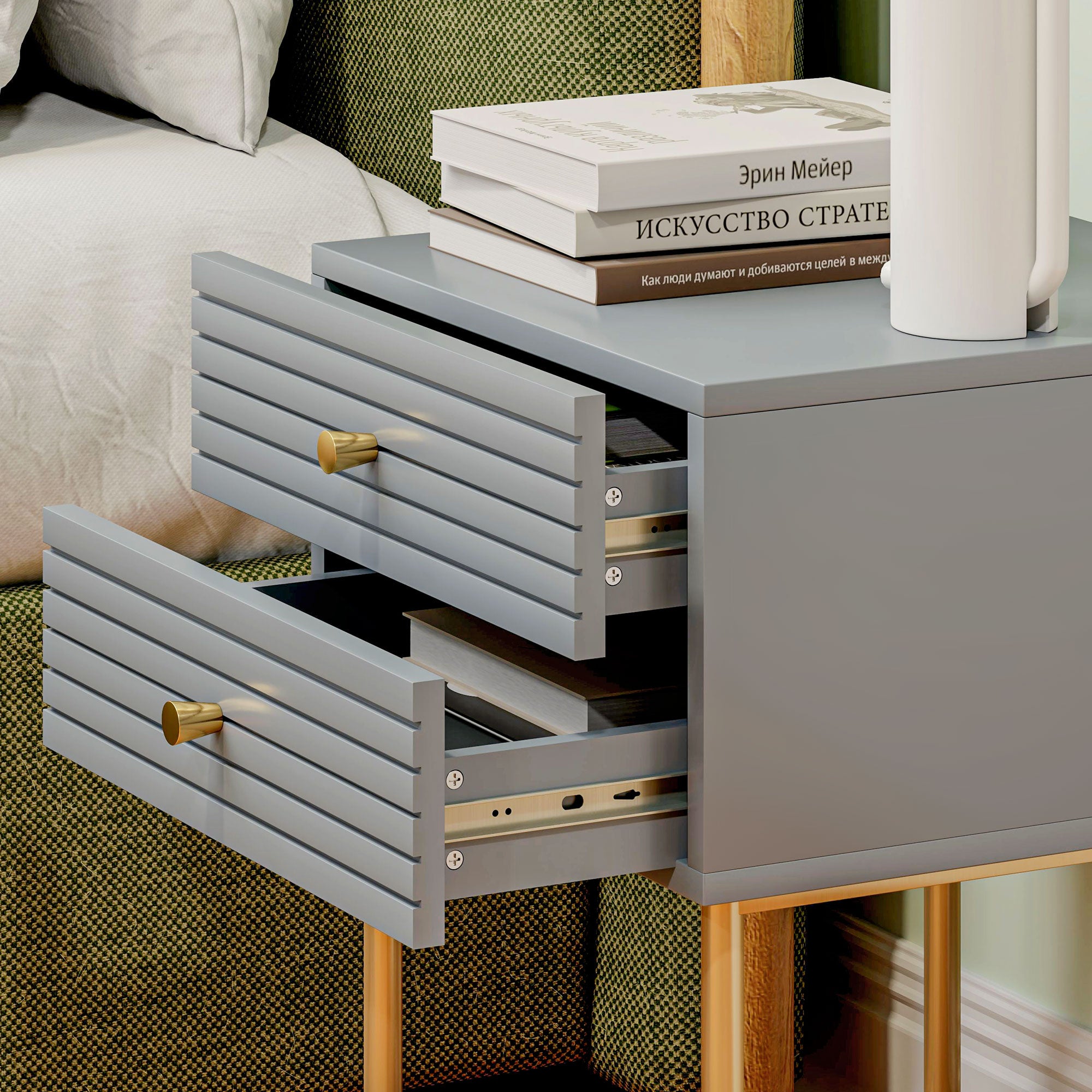 HOMCOM Set of Two Elegant Bedside Tables - Grey/Gold-Tone