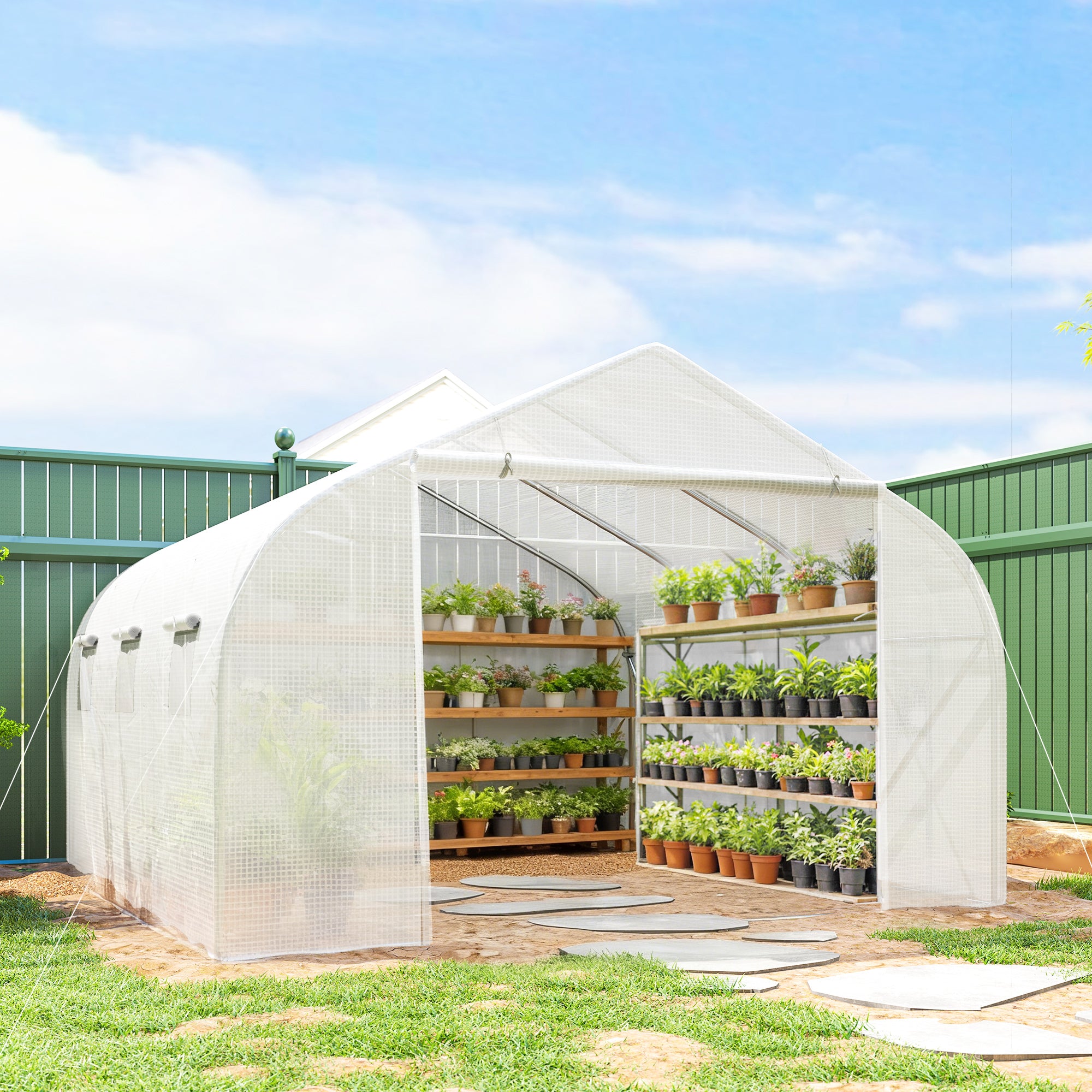 Outsunny Walk-In Polytunnel Greenhouse Warm House Garden Tunnel Shelter Plant Shed with Door and Windows, Galvanised Steel Frame, 3.5 x 3 x 2m, White
