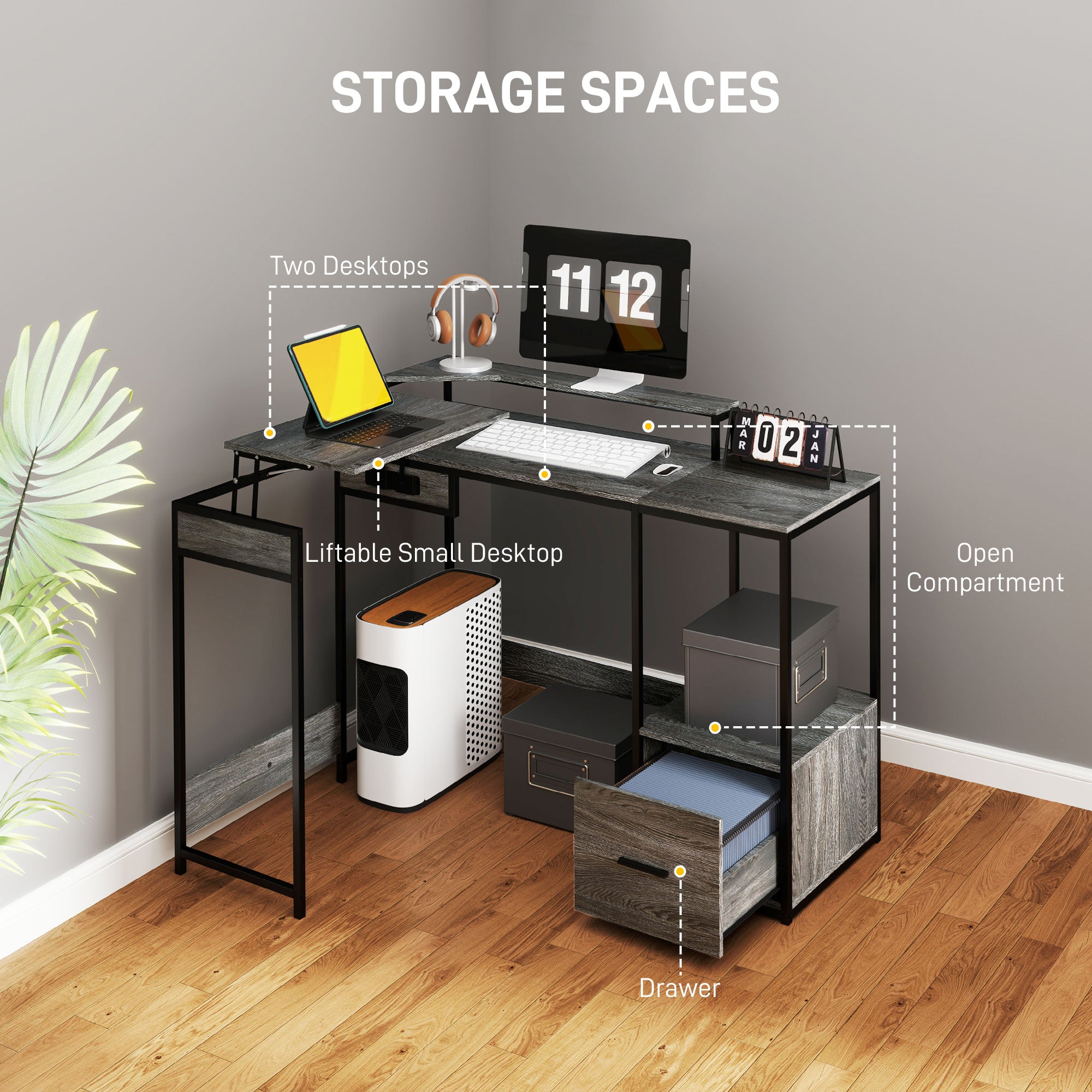 HOMCOM L Shaped Desk, Computer Desk with Liftable Desktop, Industrial Corner Desk with Drawer for A4/Letter Size, Home Office Desk with Monitor Stand for Home Office, Charcoal Grey - North Peak Garden Furniture