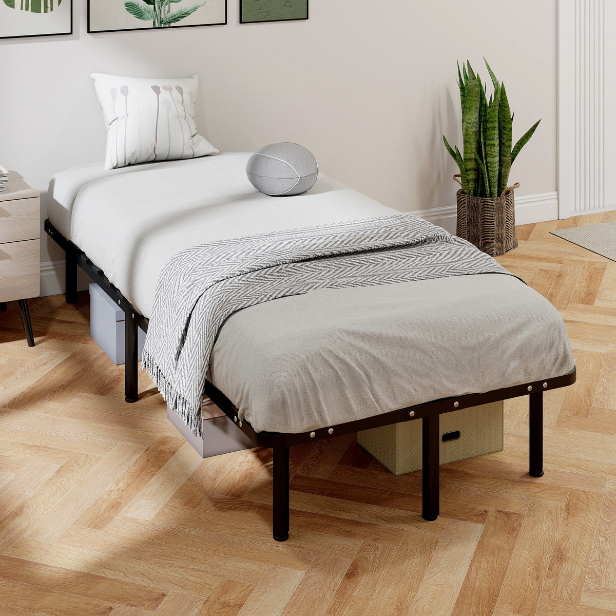 HOMCOM 3ft Single Bed Frame, Metal Platform Bed Frame with 2 x 14 Wood Slats, No Box Spring Needed, Underbed Storage, Black