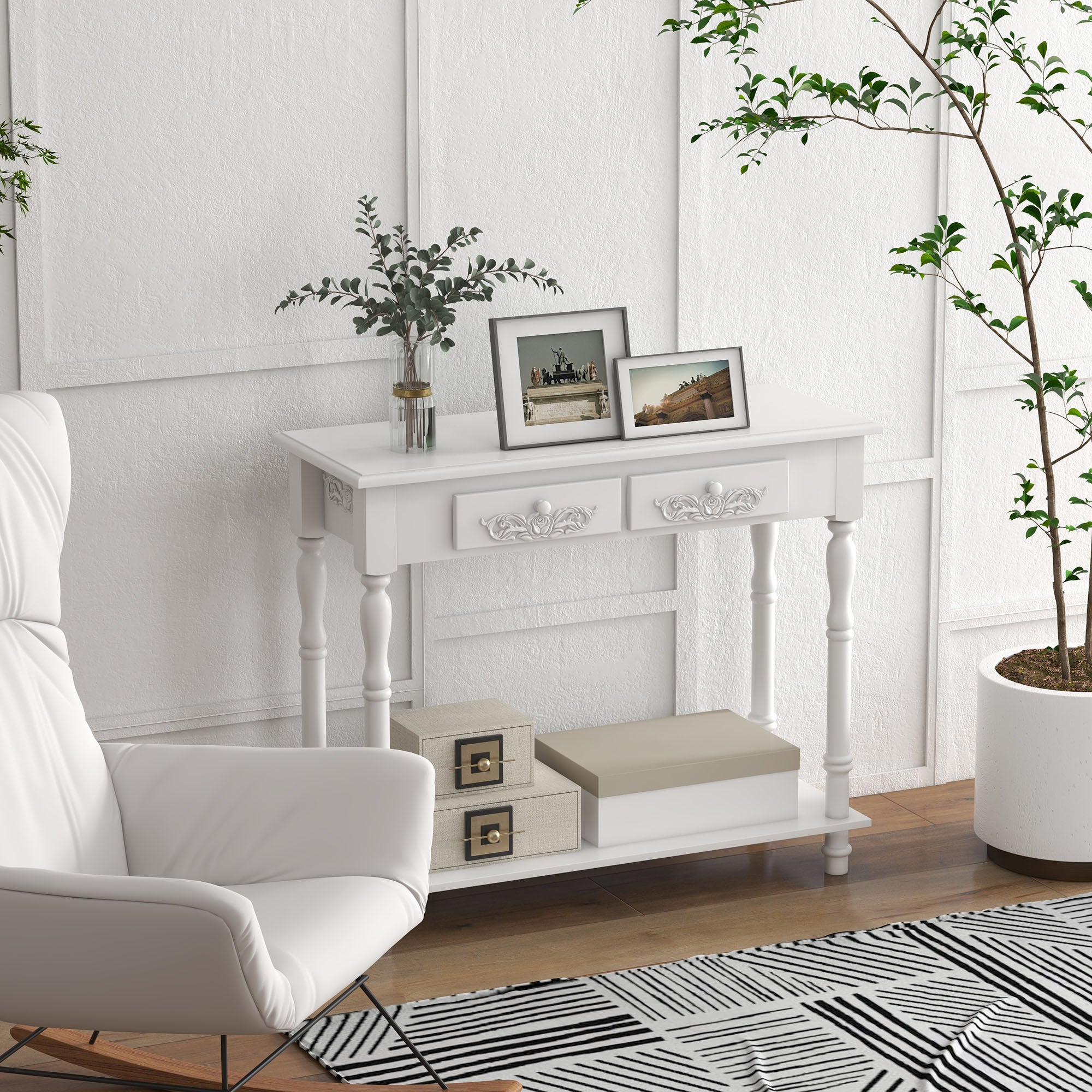 HOMCOM Console Table Modern Sofa Side Desk with Storage Shelves Drawers for Living Room Entryway Bedroom White - North Peak Garden Furniture