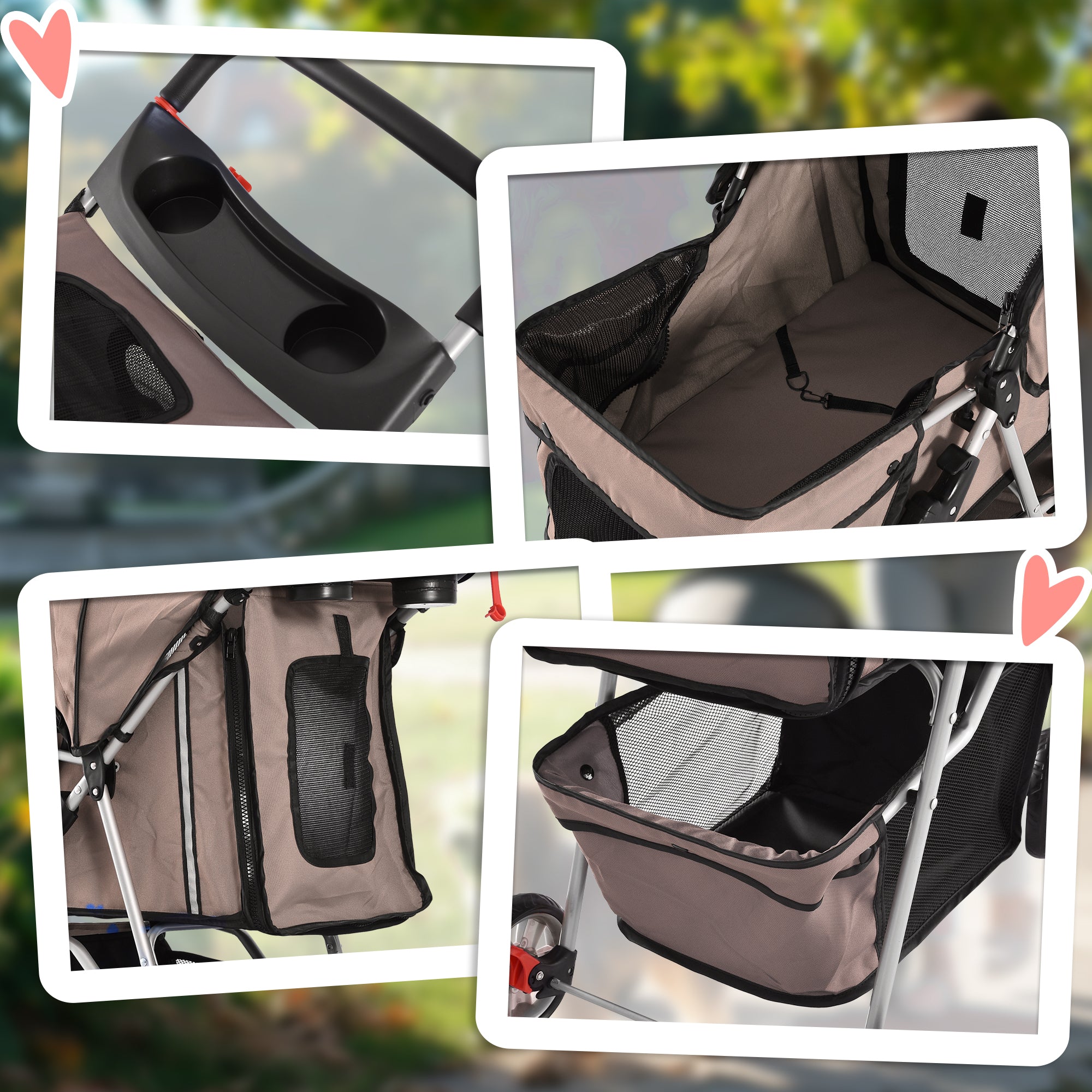 PawHut Dog Stroller, 3 Wheels Foldable Cat Dog Pram with Cup Holder, Storage Basket, Pet Stroller for Small Miniature Dogs, Brown - North Peak Garden Furniture