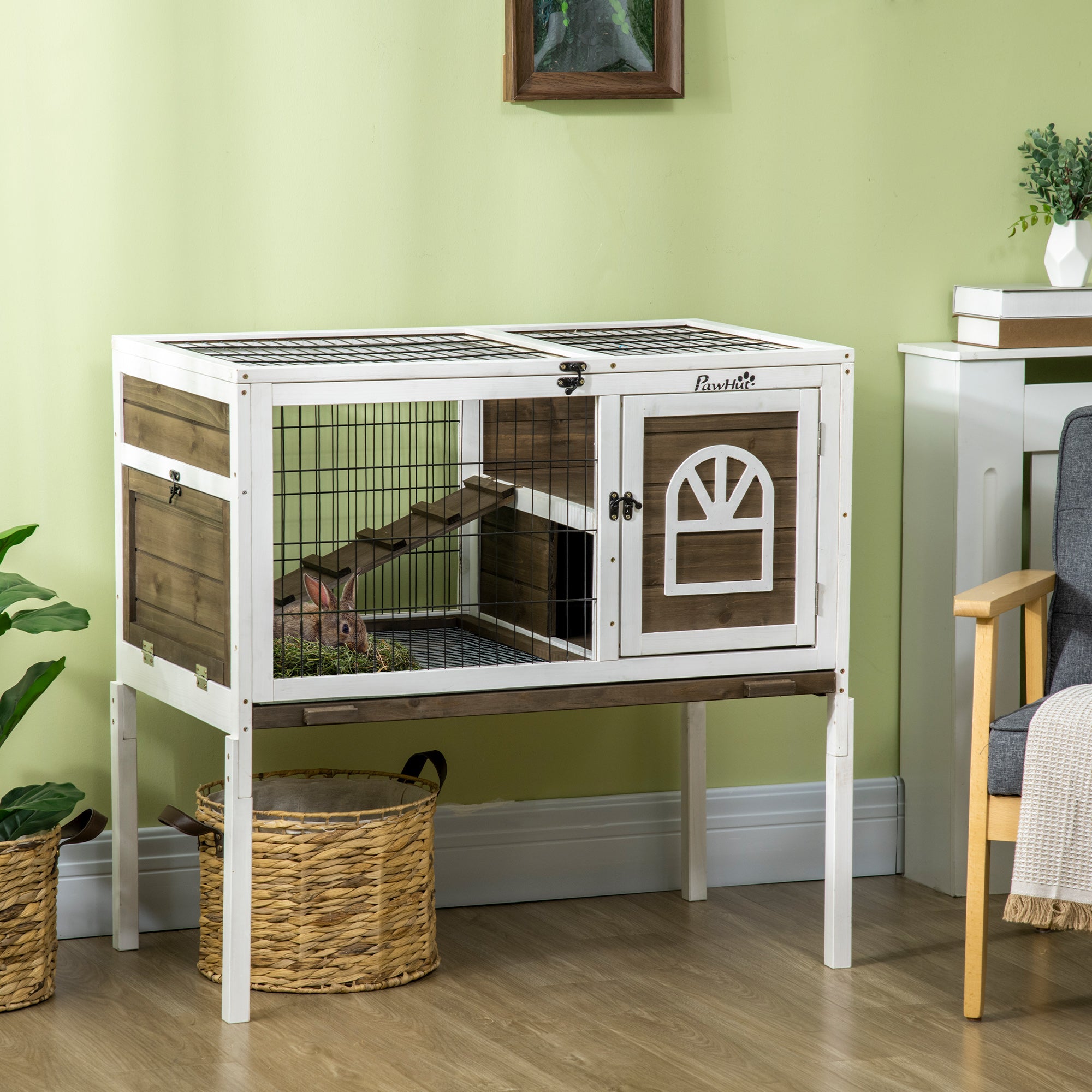 PawHut Wooden Rabbit Hutch, Guinea Pig Cage, with Removable Tray, Openable Roof