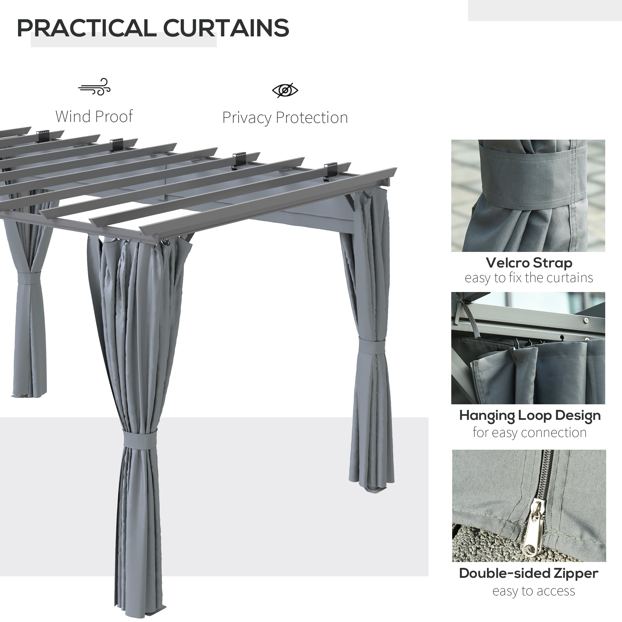 Outsunny 3.6 x 3(m) Outdoor Pergola with Retractable Roof and Curtains, Garden Gazebo Canopy Sun Shade Shelter with Aluminum Frame, Dark Grey - North Peak Garden Furniture