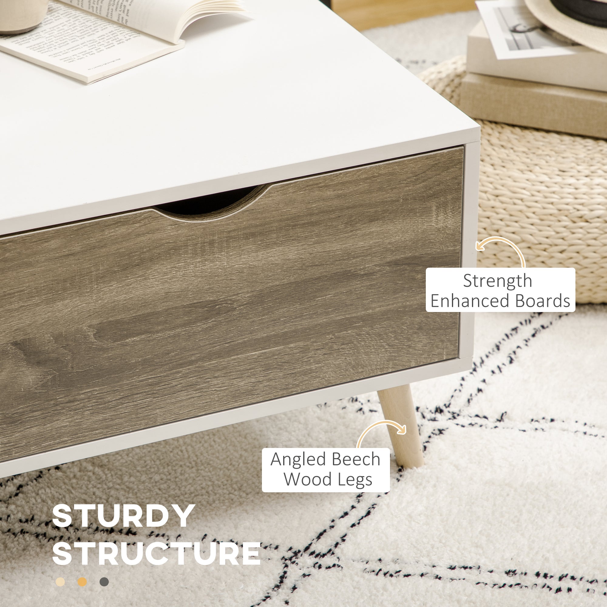 HOMCOM Coffee Table, Modern Tea Table with Open Storage Shelves, Two Drawers and Solid Wood Legs, Coffee Tables for Living Room, Bed Room, White - North Peak Garden Furniture