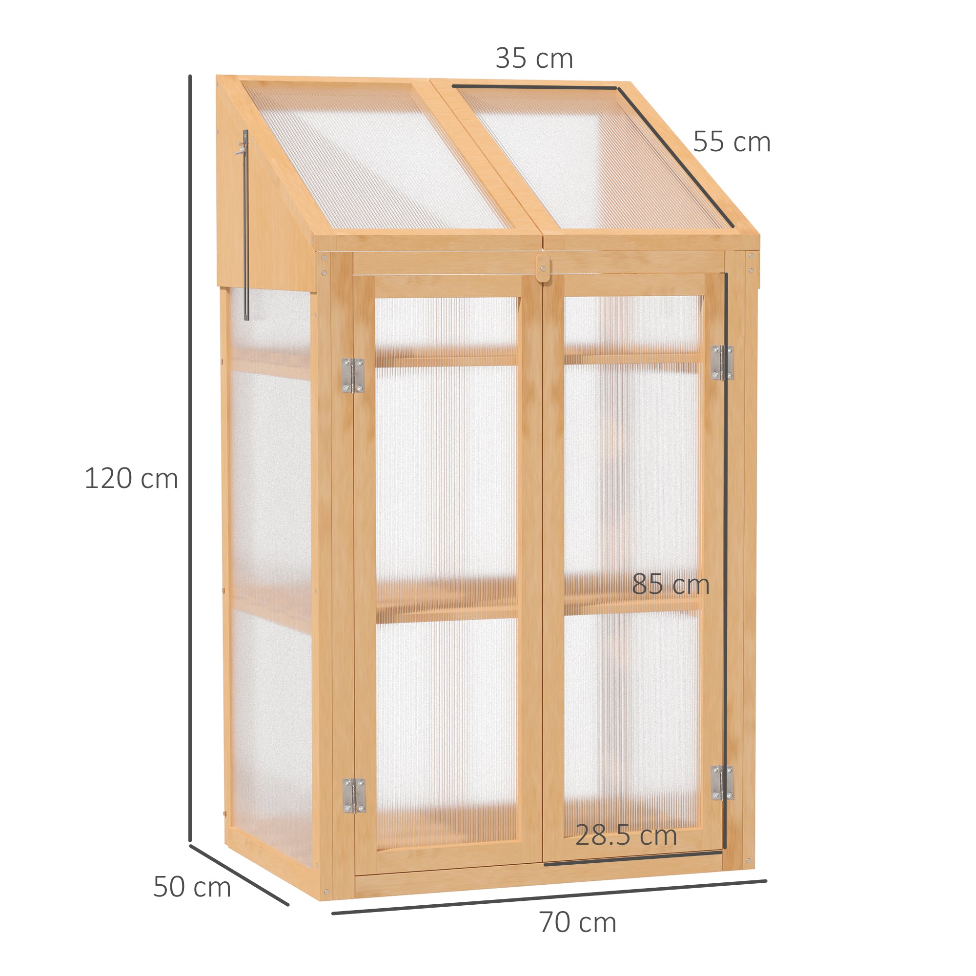 Outsunny Wooden Cold Frame Polycarbonate Greenhouse with Openable Top Cover and Double Door, Grow House for Flower, Vegetable and Plants, 70 x 50 x 120cm, Grey - North Peak Garden Furniture