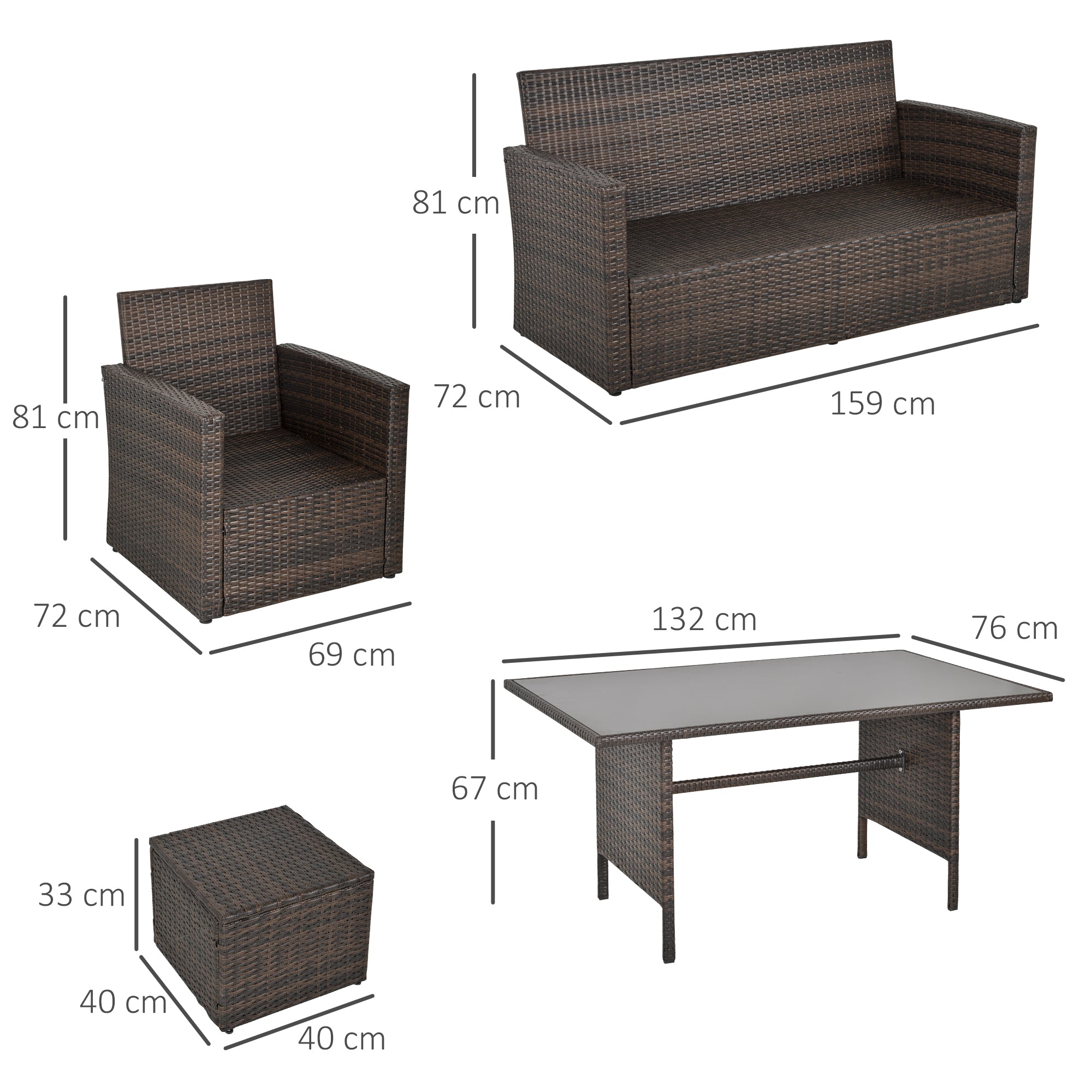 Outsunny Six-Piece Rattan Sofa Set, with Glass-Top Table - Mixed Brown - North Peak Garden Furniture