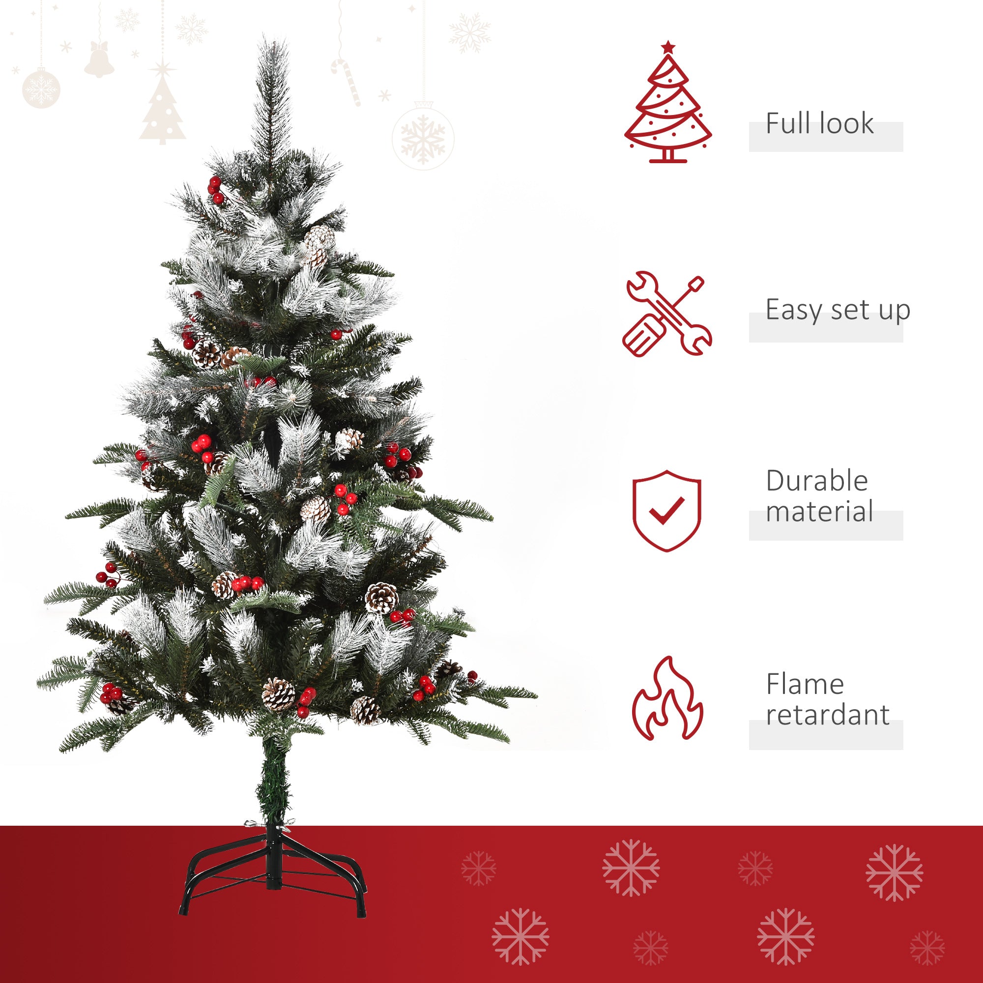 HOMCOM 4FT Artificial Snow Dipped Christmas Tree Xmas Pencil Tree Holiday Home Party Decoration with Foldable Feet Red Berries White Pinecones, Green - North Peak Garden Furniture