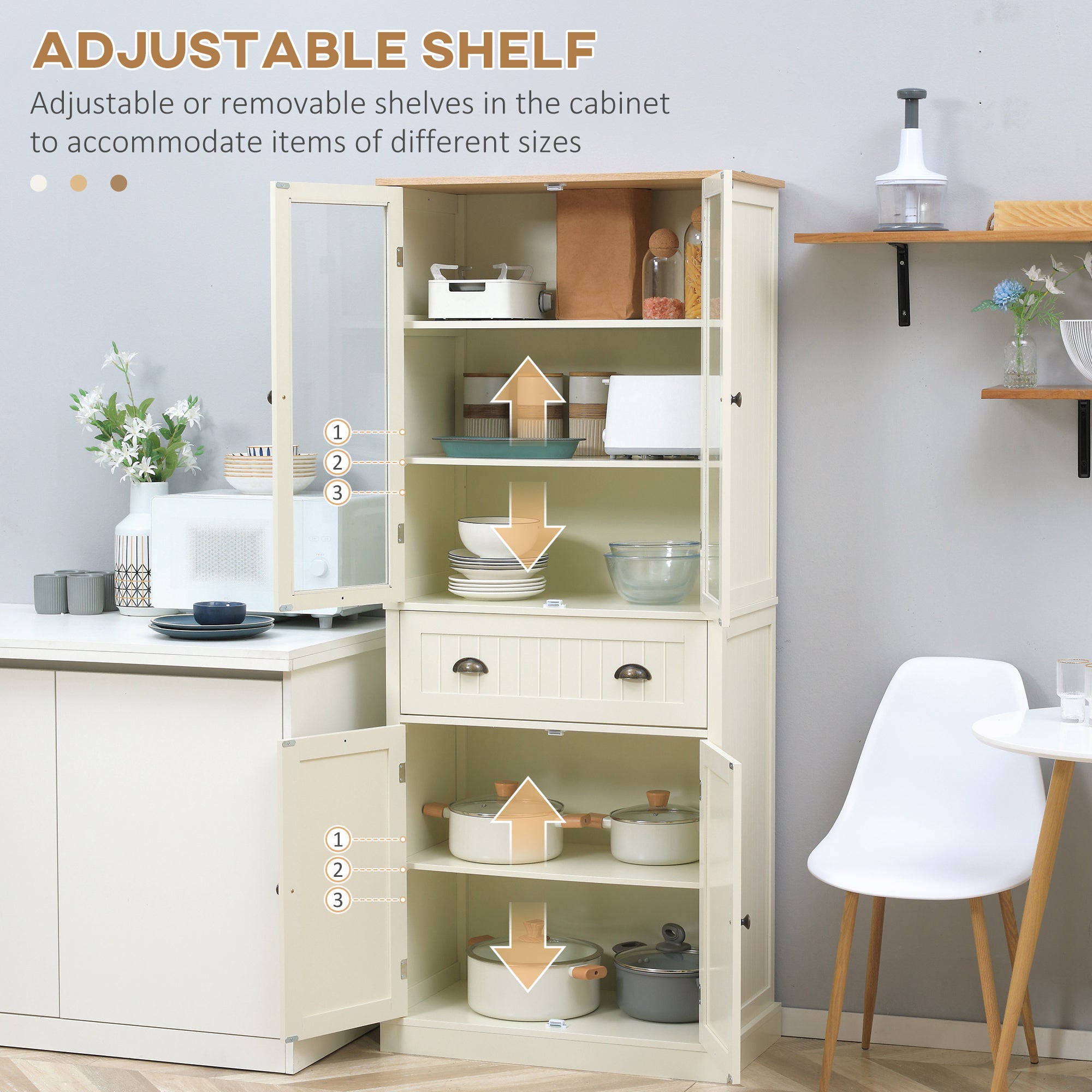 HOMCOM Freestanding Kitchen Cupboard, 5-tier Storage Cabinet with Adjustable Shelves and Drawer for Living Room, Dining Room, Cream White - North Peak Garden Furniture