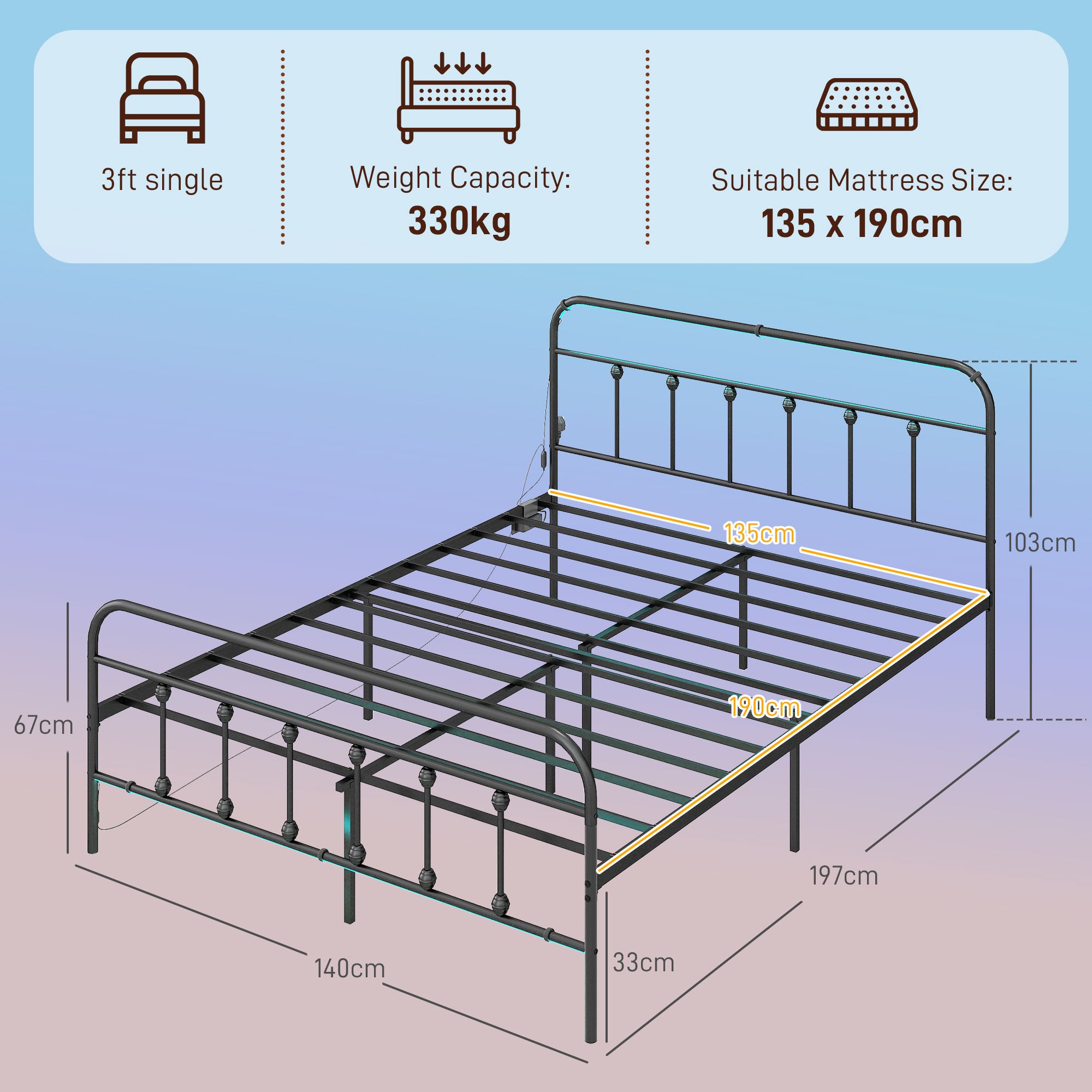 HOMCOM Double Bed Frame with LED Lights and Charging Station, Metal Platform Bed Frame with Under Bed Storage, Black - North Peak Garden Furniture