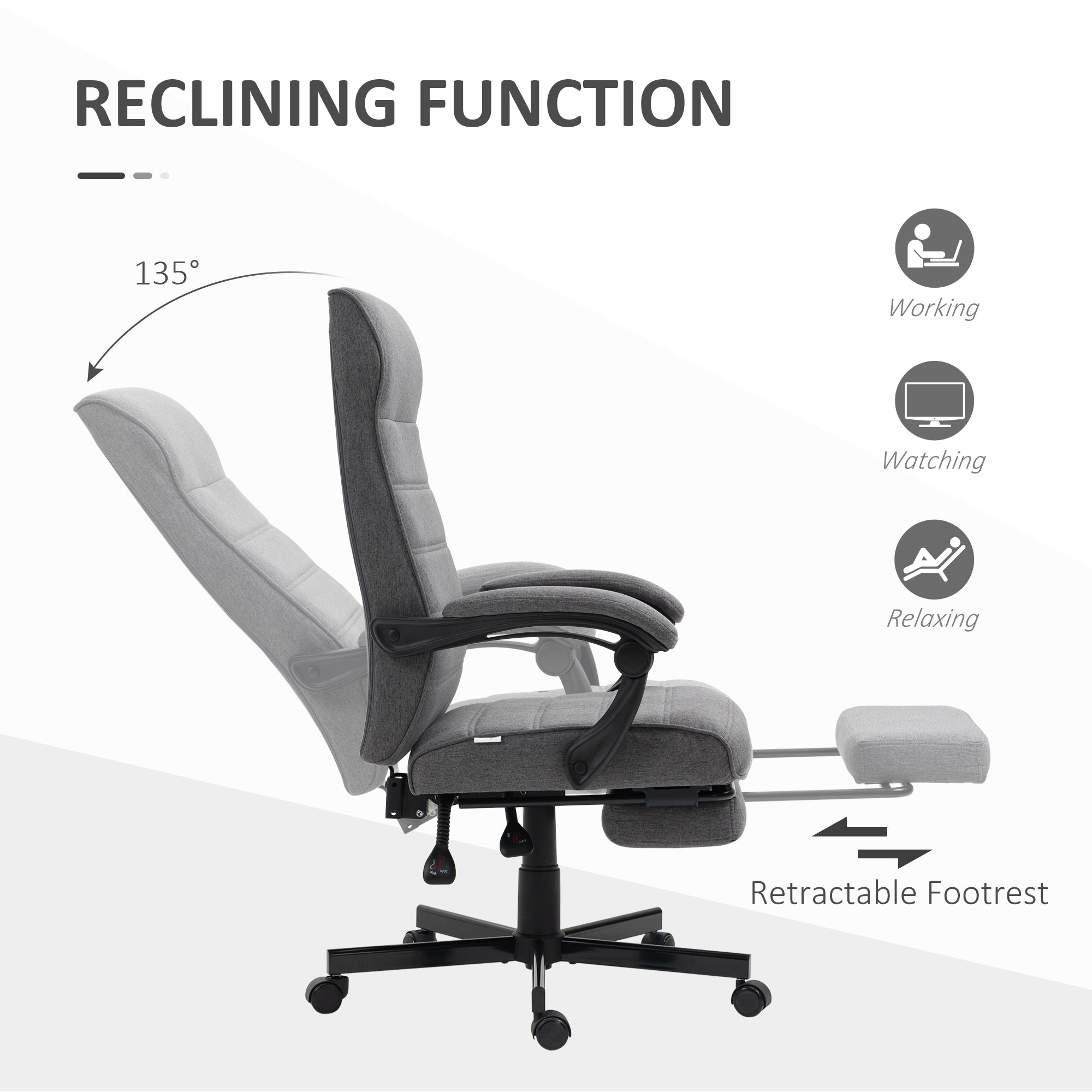 Vinsetto Office Chair, Computer Desk Chair, Fabric Swivel Chair with Adjustable Height and Rolling Wheels for Home Office Work Study, Grey - North Peak Garden Furniture