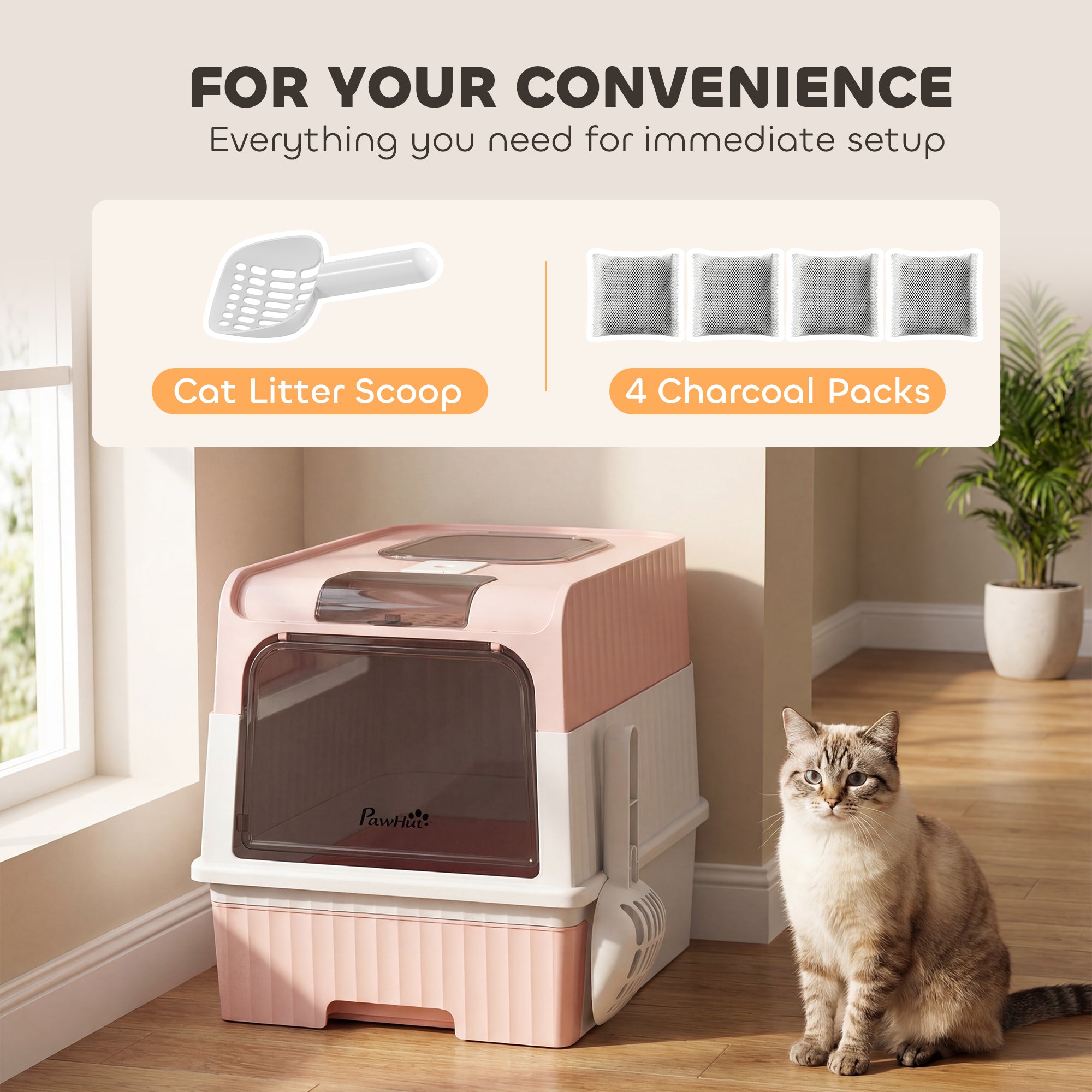 PawHut Enclosed Cat Litter Box with Lid, Pull-Out Drawer Tray, Scoop, 4 Deodorisation Bags, Front Entry & Top Exit, Pink