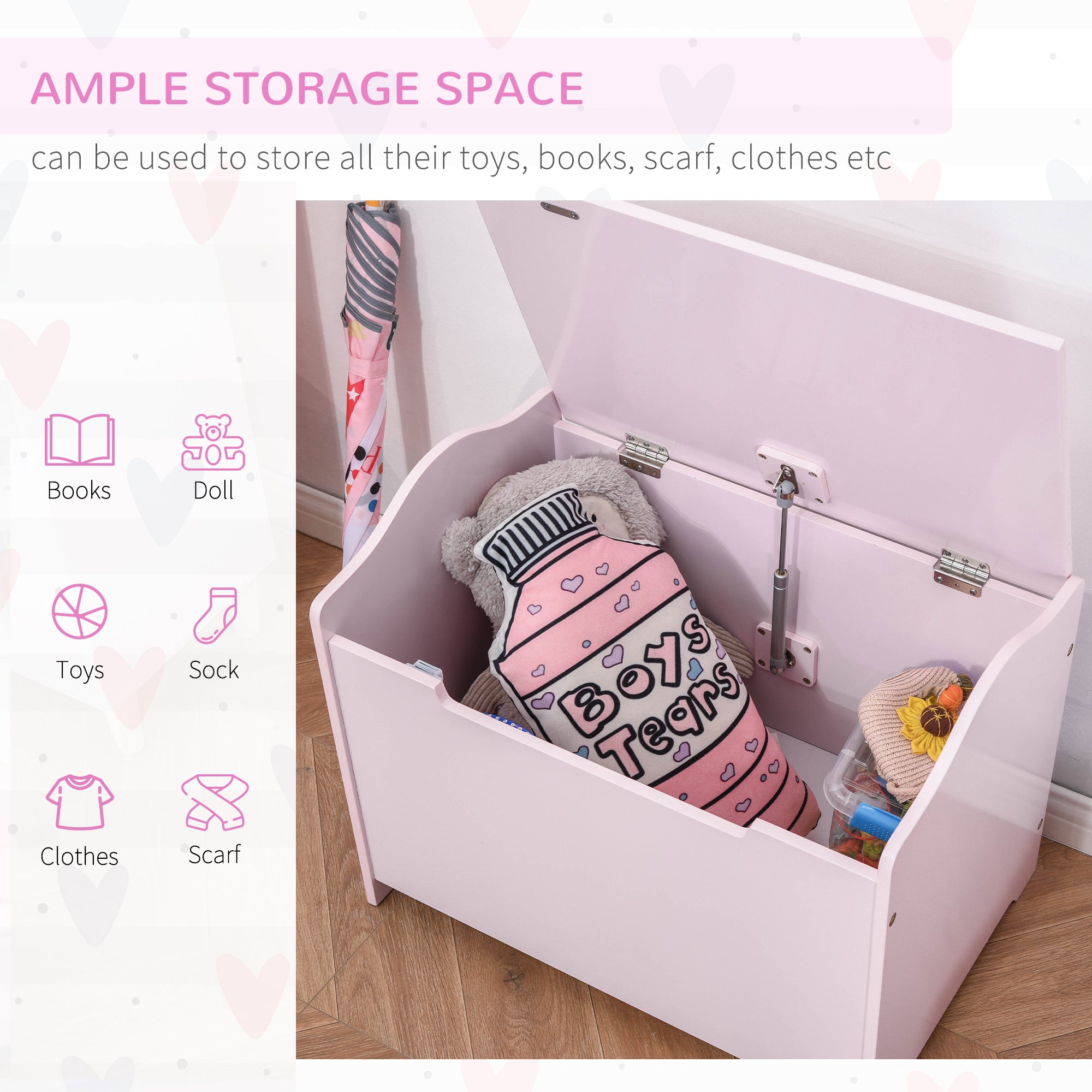 HOMCOM Wooden Kids Toy Box Children Storage Organizer Chest Safety Hinge Playroom Furniture Pink - North Peak Garden Furniture