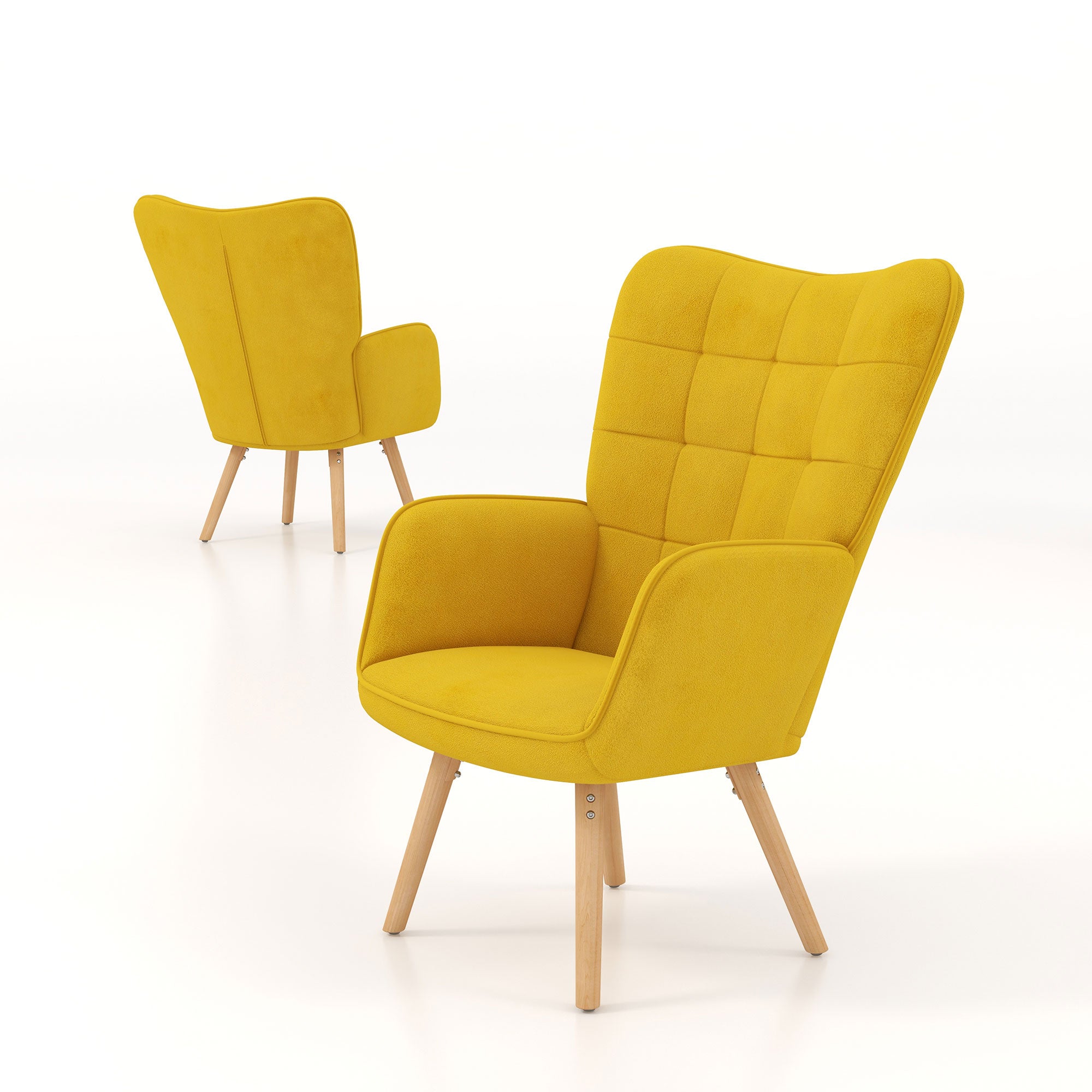 HOMCOM Modern Accent Chair Velvet-Touch Tufted Wingback Armchair Upholstered Leisure Lounge Sofa Club Chair with Wood Legs, Set of 2, Yellow - North Peak Garden Furniture
