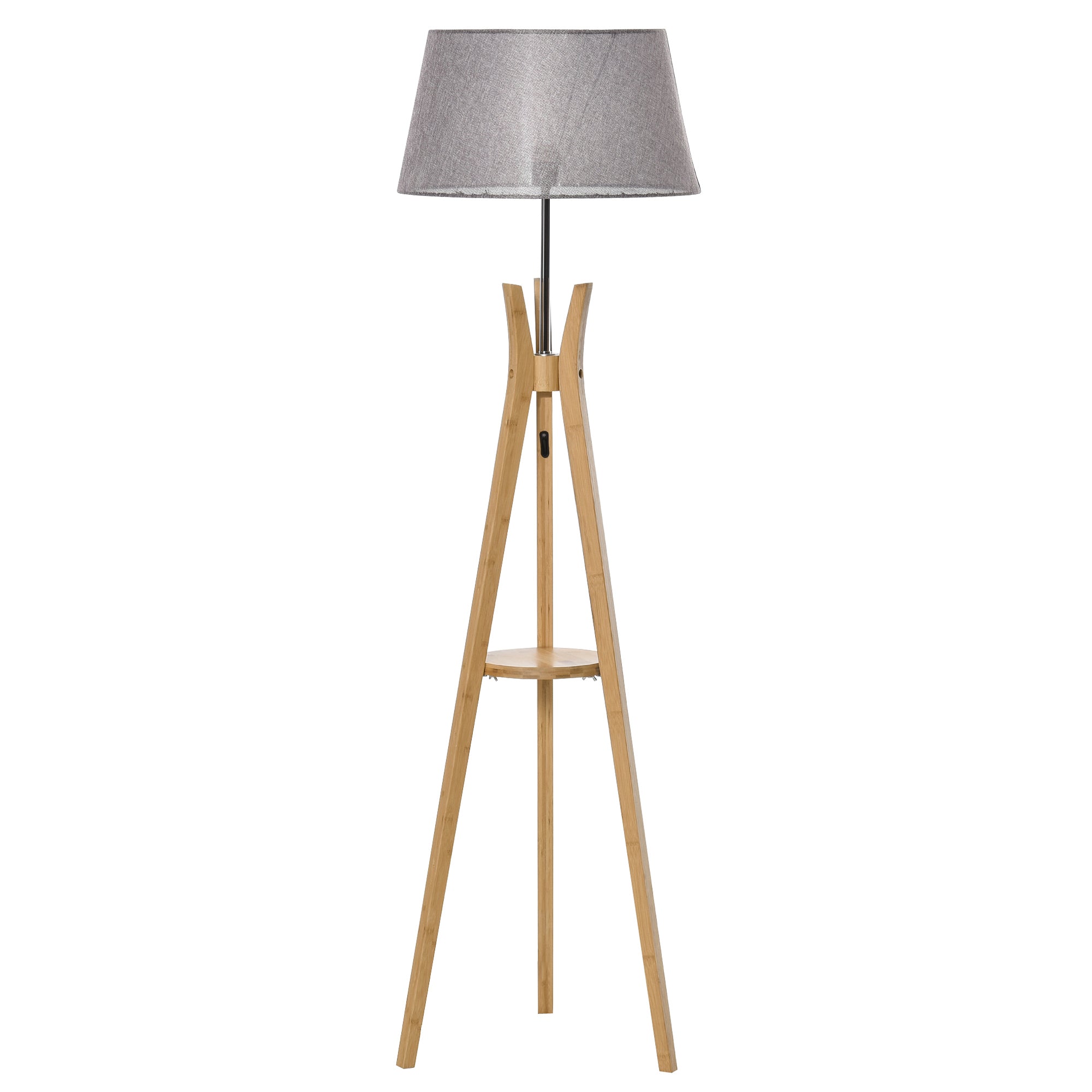 HOMCOM Natural Wood Tripod Floor Lamp Light E27 Base Bedroom Living Room Fabric Shade Storage Shelf Foot Switch, 156cm, Grey - North Peak Garden Furniture