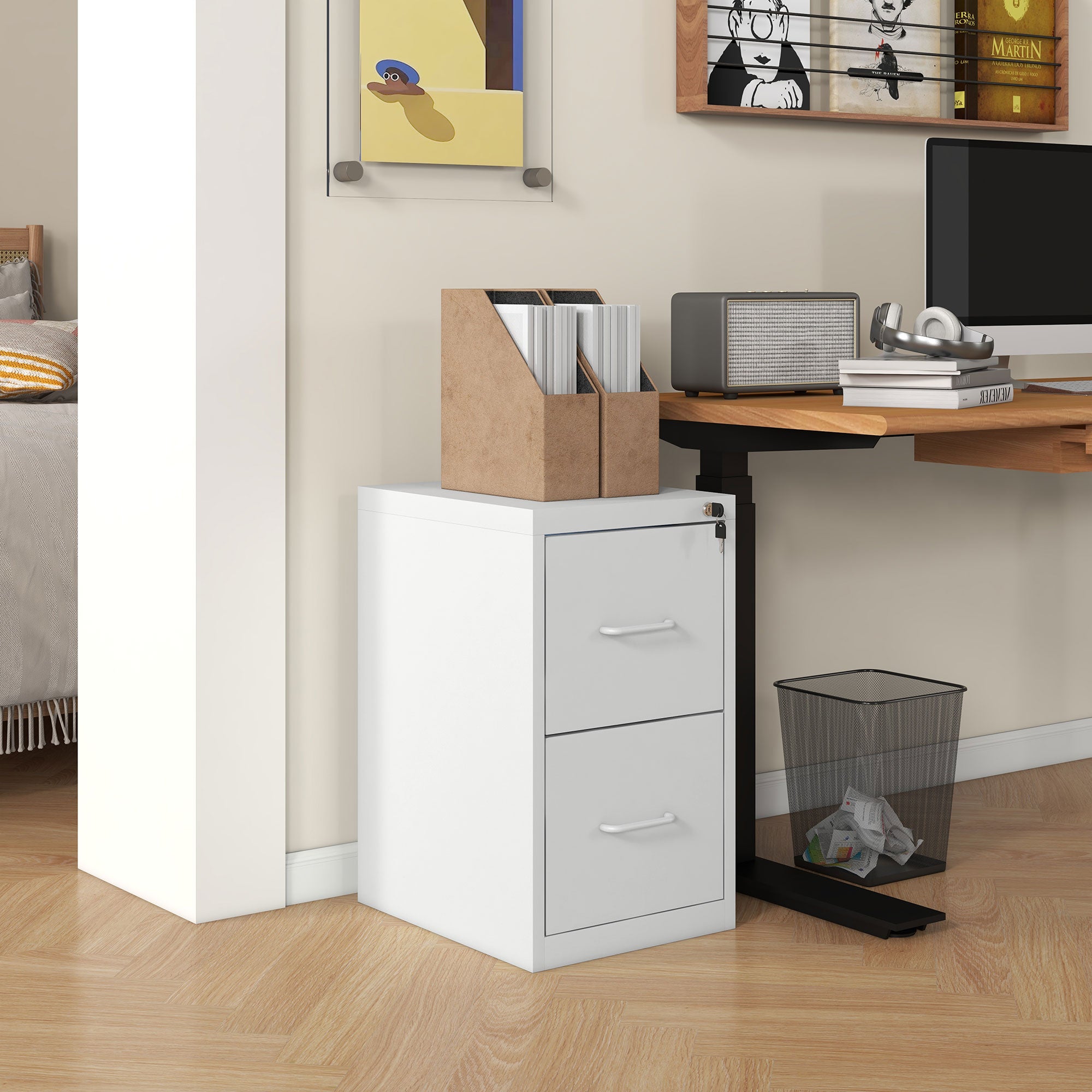 HOMCOM Two-Drawer Modern Steel Filing Cabinet - Cream - North Peak Garden Furniture