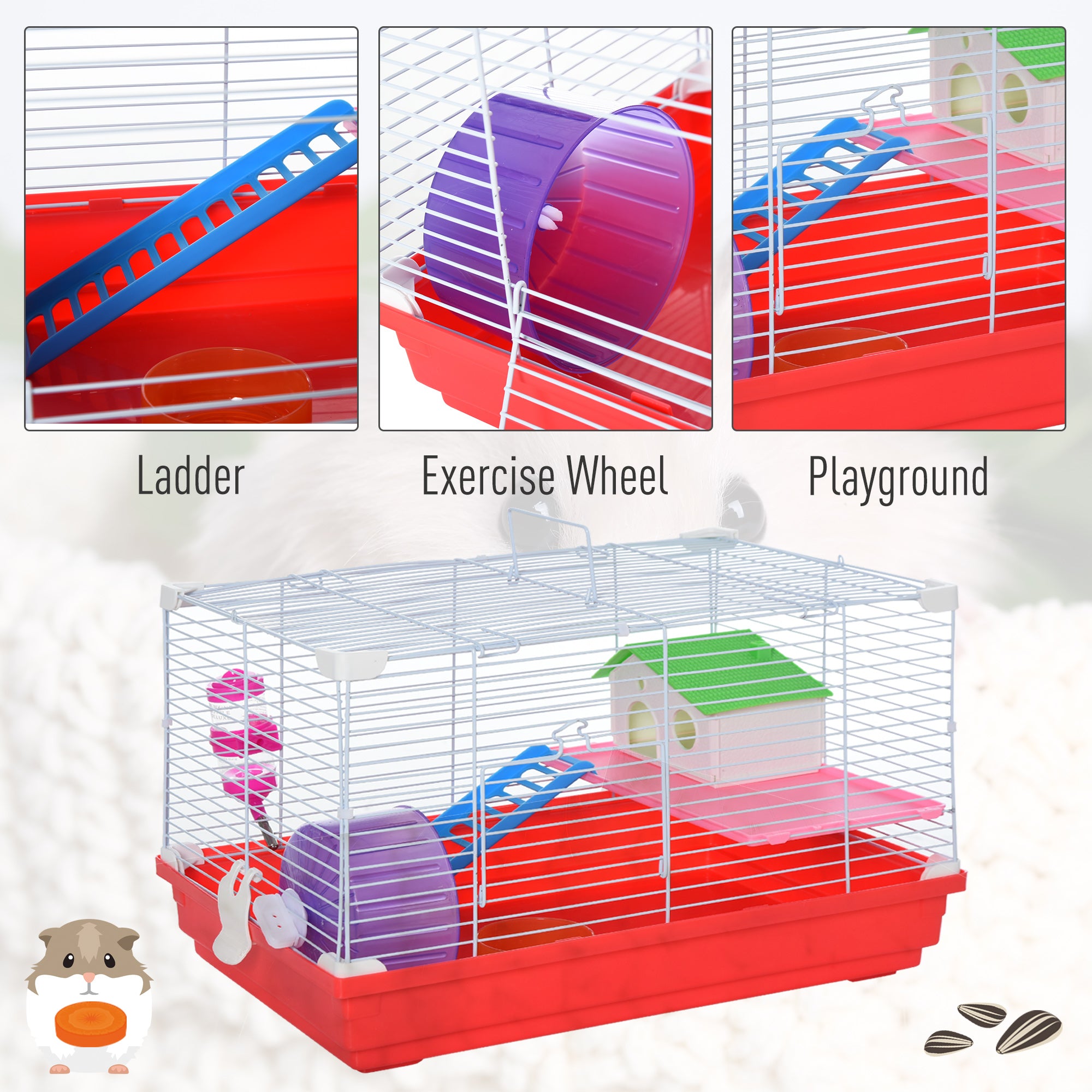 PawHut Portable 2 Storey Hamster Cage Small Pet Animal Cage Double Layers w/ Exercise Wheel Water Bottle Dishes - North Peak Garden Furniture