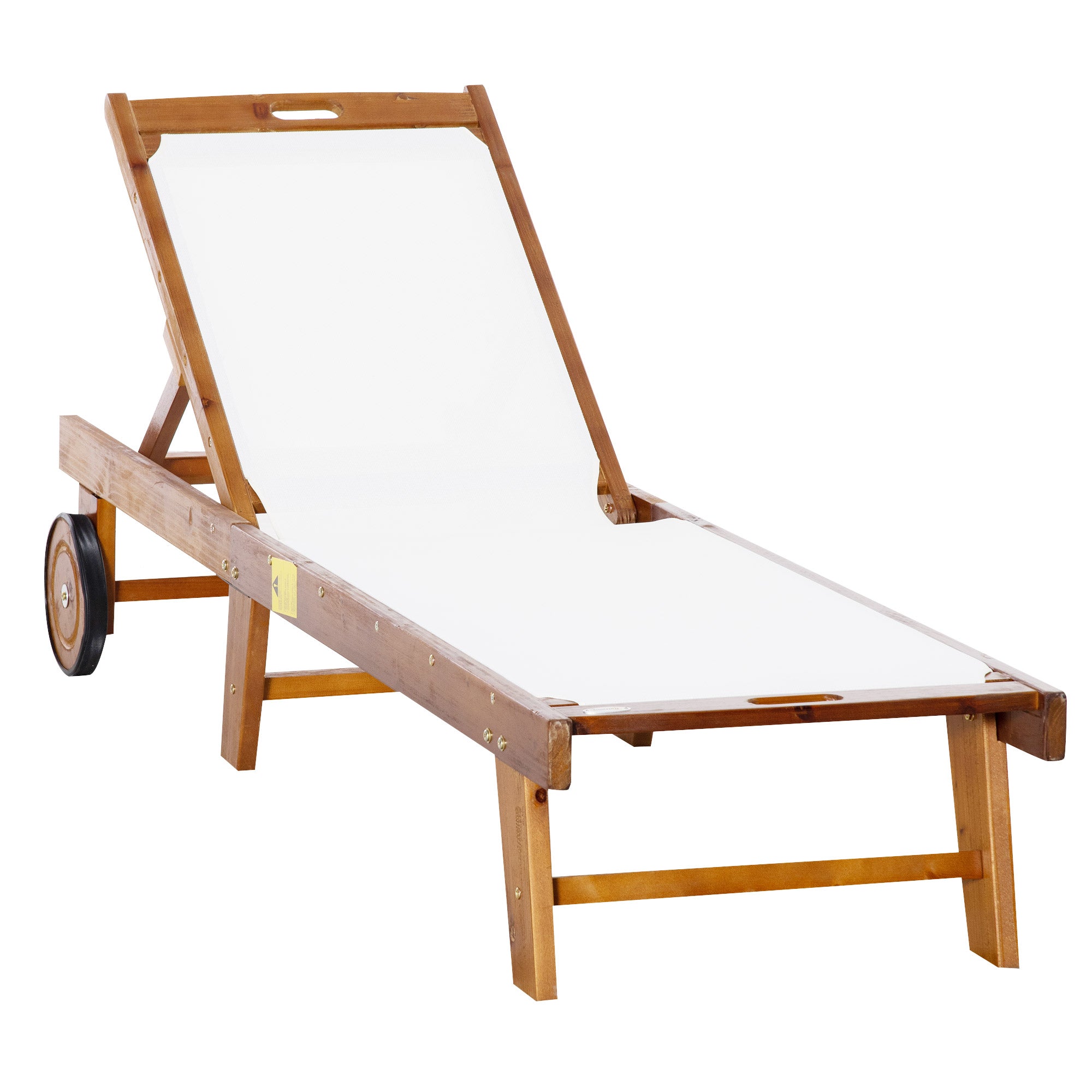 Outsunny Outdoor Acacia Wood Texteline Beach Sun Lounger Garden Patio Sunbed Recliner Chaise Adjustable Backrest with Wheels - North Peak Garden Furniture