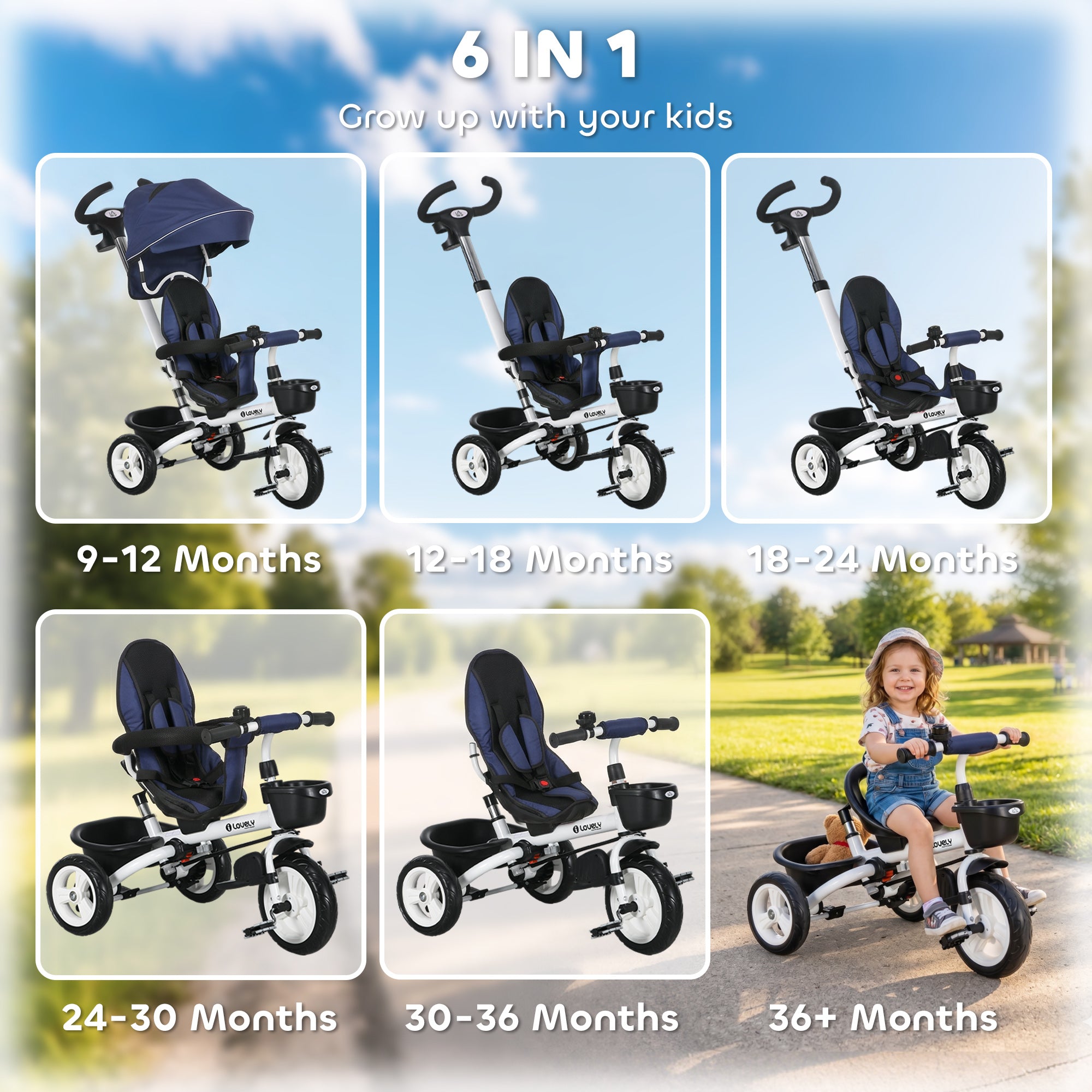 HOMCOM Metal Frame 6 in 1 Baby Push Tricycle with Parent Handle for 1-5 Years Old, Dark Blue