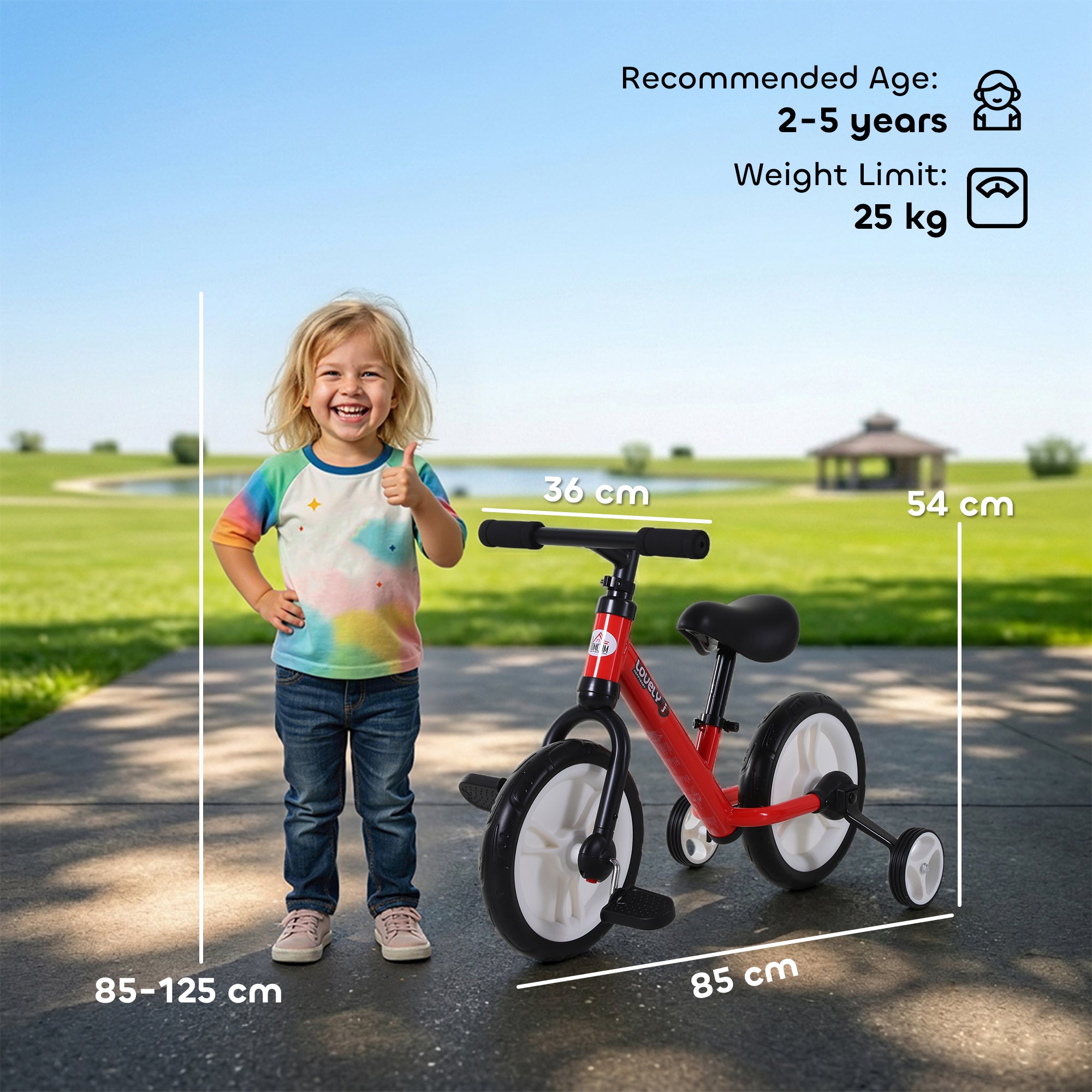 HOMCOM 11 Inch Kids Balance Bike Training Pedal Bicycle W/ Removable Stabilizers EVA Tyres Adjustable Seat Height 2 to 5 Years Gift for Boys Girls Red