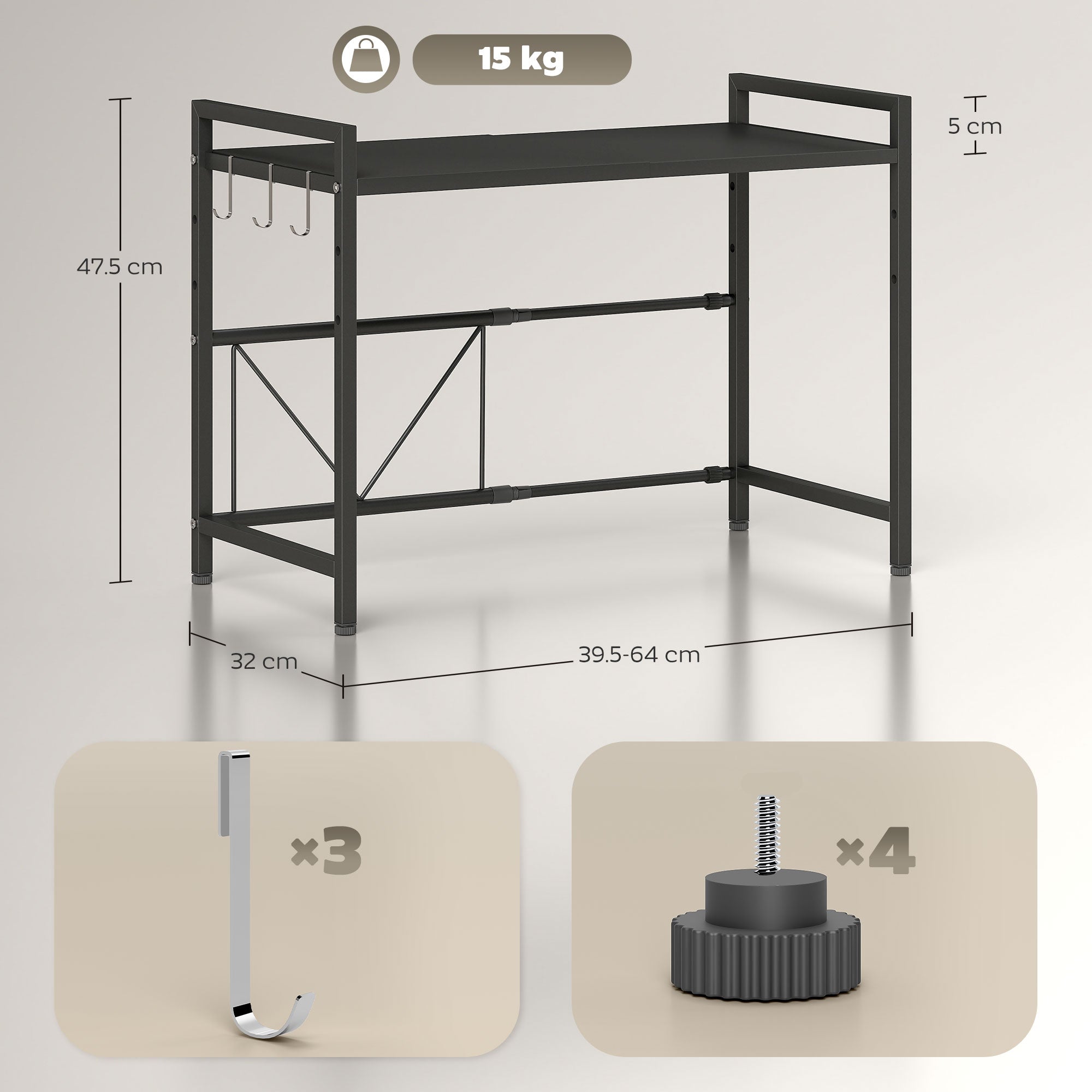 HOMCOM Expandable Microwave Oven Rack with 3 Hooks - Black - North Peak Garden Furniture