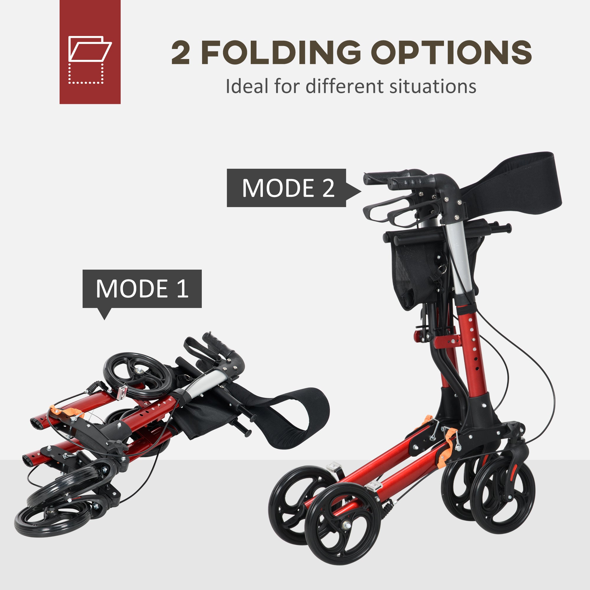 HOMCOM Folding Rollator Walker with Seat and Backrest, Lightweight Walking Frame with Detachable Storage Bag, Dual Brakes, Adjustable Handle Height, 4 Wheeled Walker for Seniors, Handicapped, Red - North Peak Garden Furniture