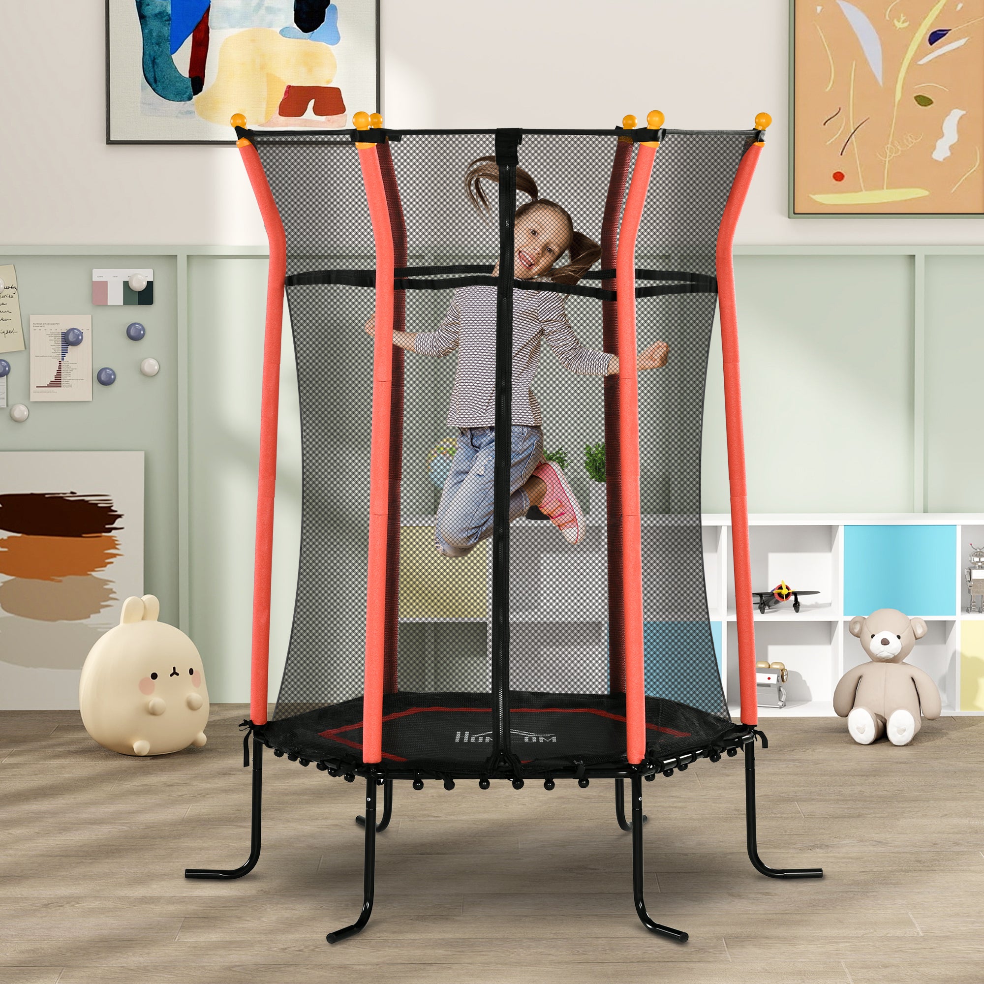 HOMCOM Kids Trampoline Mini Bouncer with Enclosure Safety Net For Ages 3-10 Years - Red - North Peak Garden Furniture