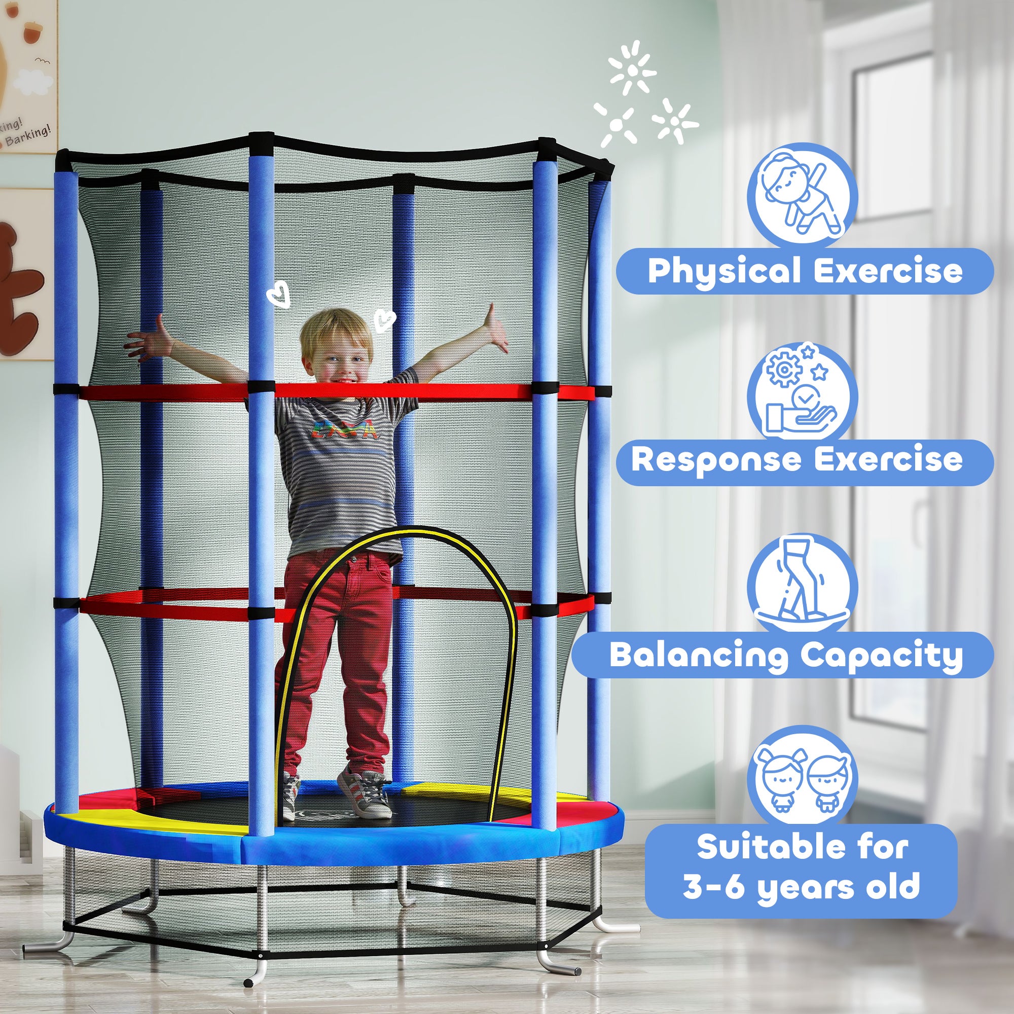 HOMCOM Kids Trampoline, with Enclosure Net, Steel Frame, for Ages 3-6 Years - MultiColoured - North Peak Garden Furniture