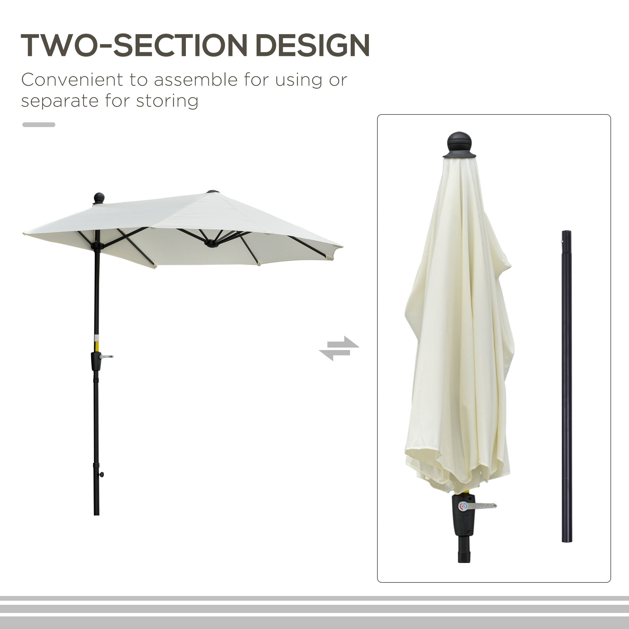 Outsunny 2m Half Parasol Market Umbrella Garden Balcony Parasol with Crank Handle, Base, Double-Sided Canopy, Cream White - North Peak Garden Furniture