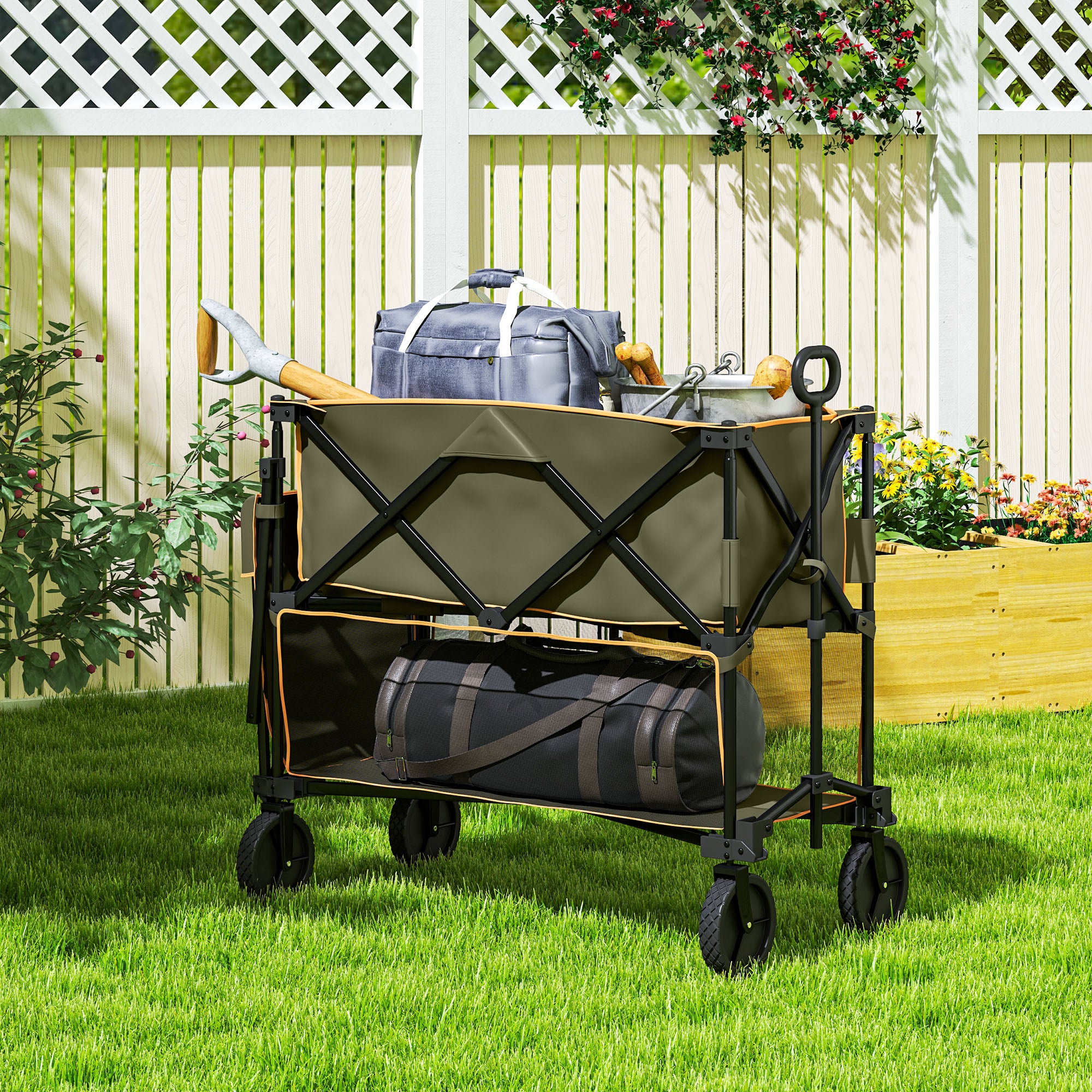 Outsunny Double Decker Folding Trolley on Wheels, 200KG & 350L Capacity Collapsible Wagon Festival Trolley Cart with 134cm Extended for Camping Sports Shopping Garden and Beach, Grey - North Peak Garden Furniture